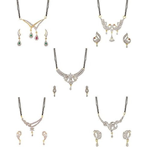ZENEME White American Diamond Combo Of 4 Mangalsutra With Earrings Set For Women (Design-14)