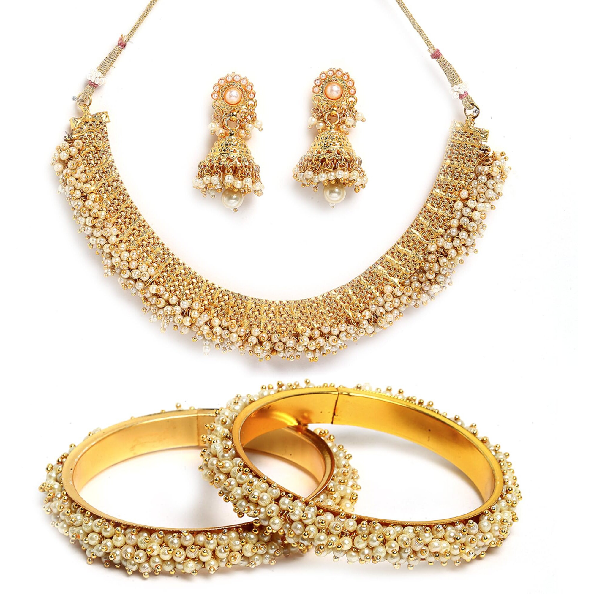 ZENEME Jewellery Set Gold Plated Pearl Wedding Bridal Necklace Jewellery With Earrings and Bangle Combo for Girl and Women (2.4, Gold) (White, 2.8)