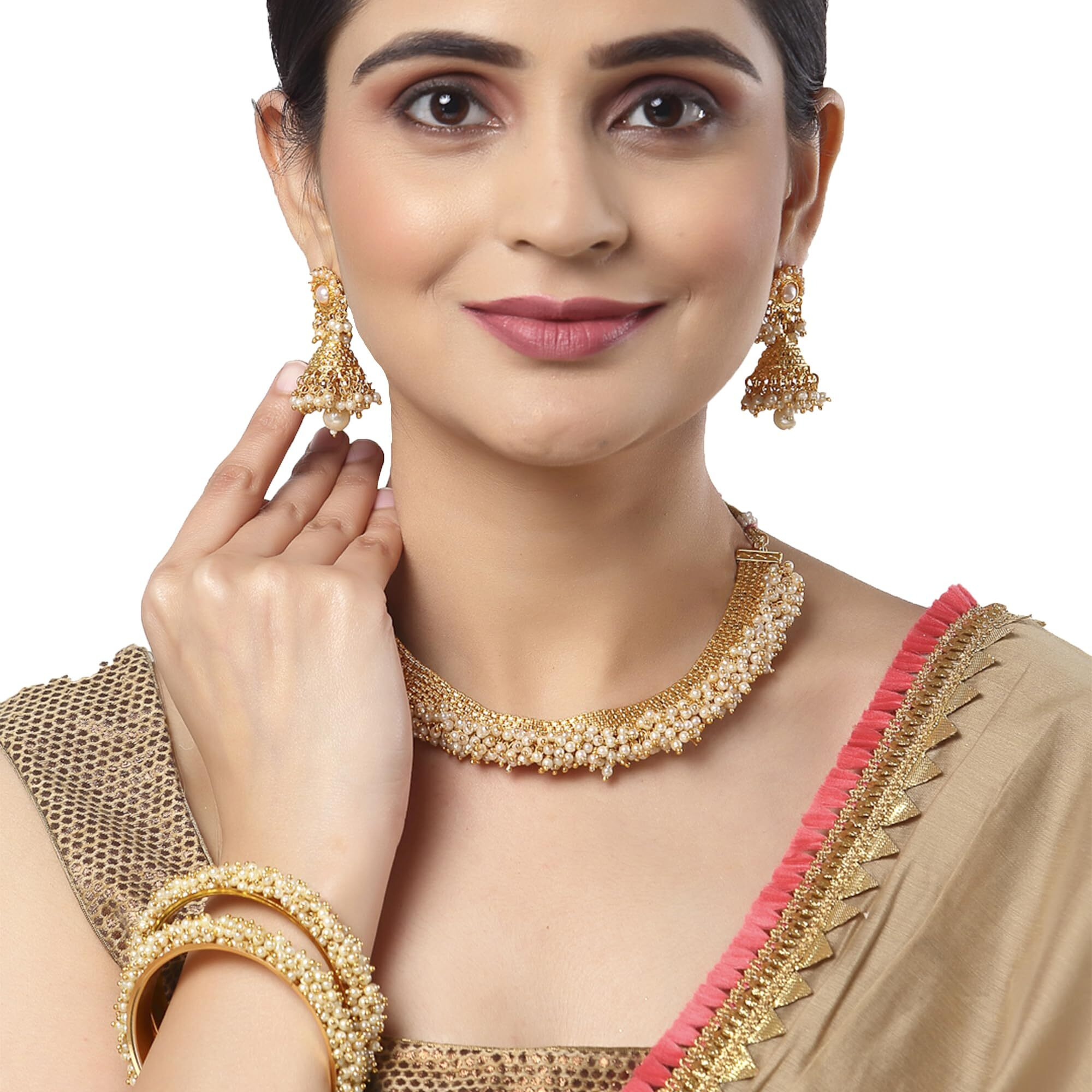 ZENEME Jewellery Set Gold Plated Pearl Wedding Bridal Necklace Jewellery With Earrings and Bangle Combo for Girl and Women (2.4, Gold) (White, 2.8)