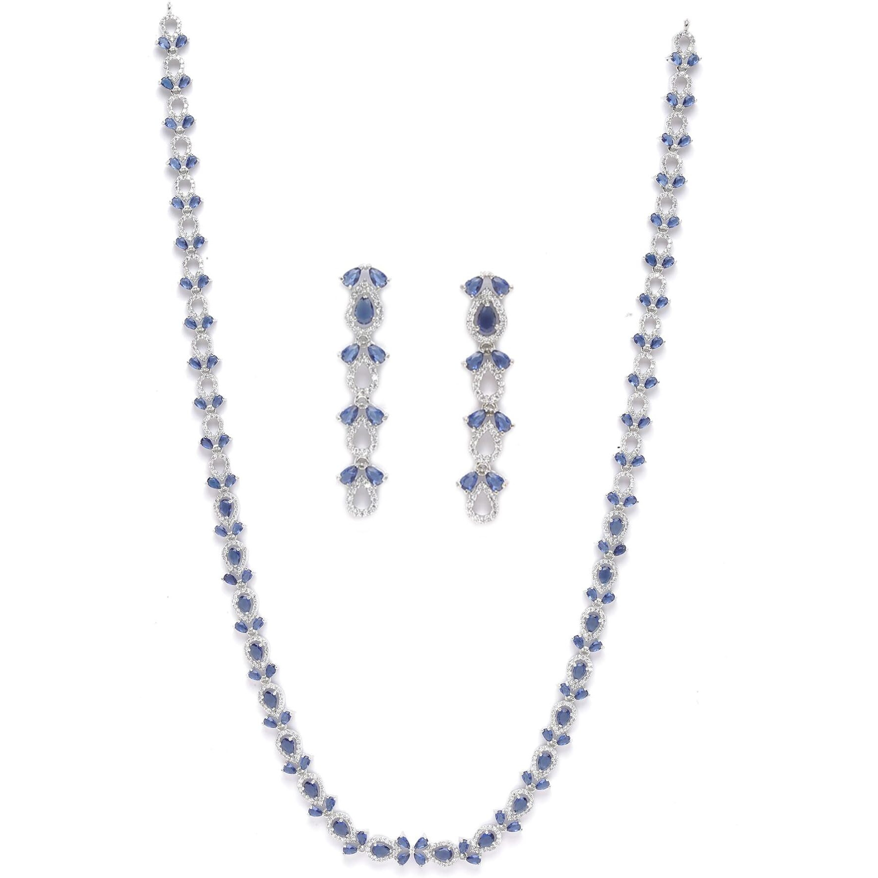 ZENEME Rhodium-Plated Silver Toned Leaf American Diamond Studded Long Necklace Earrings Jewellery Set for Girls and Women (Blue)
