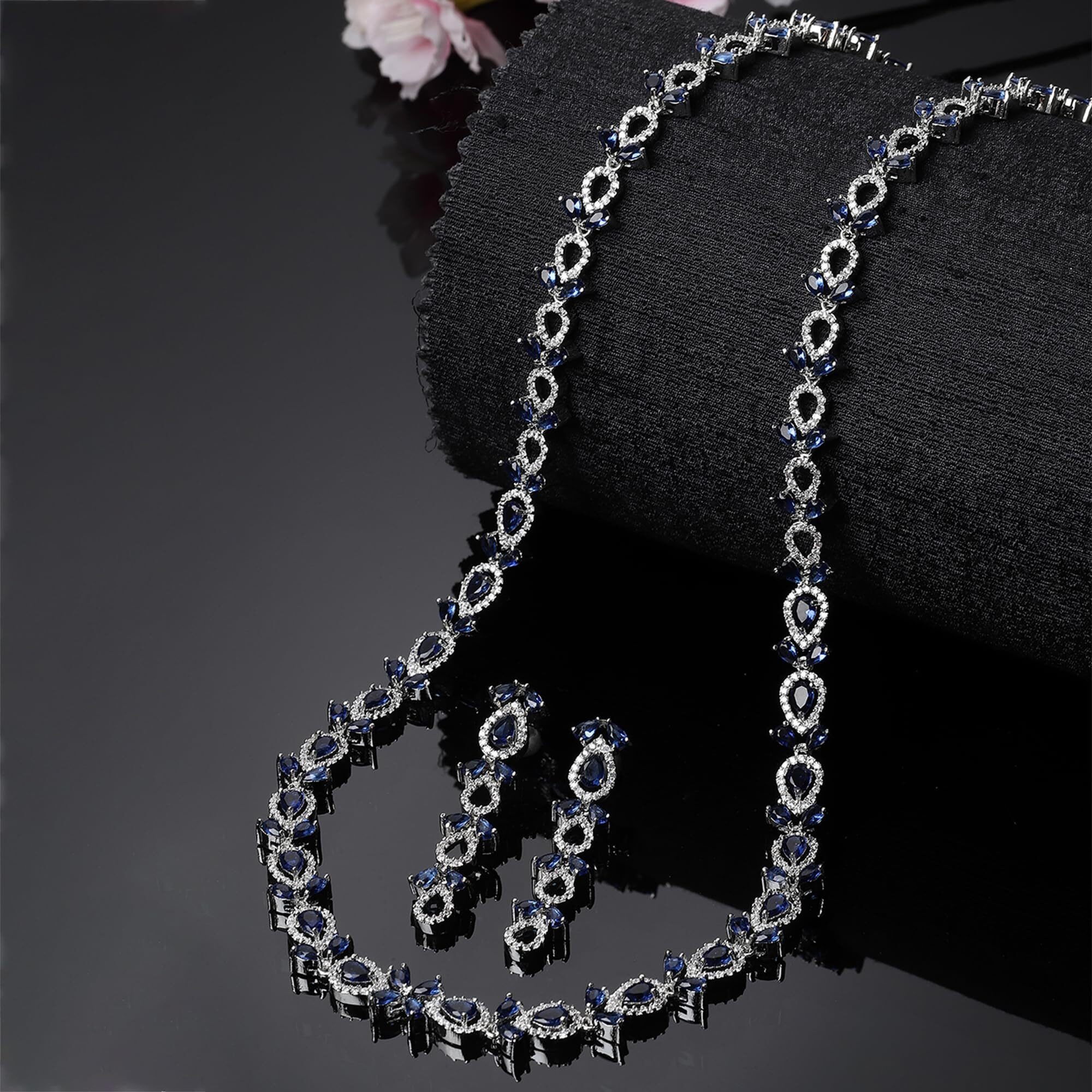 ZENEME Rhodium-Plated Silver Toned Leaf American Diamond Studded Long Necklace Earrings Jewellery Set for Girls and Women (Blue)