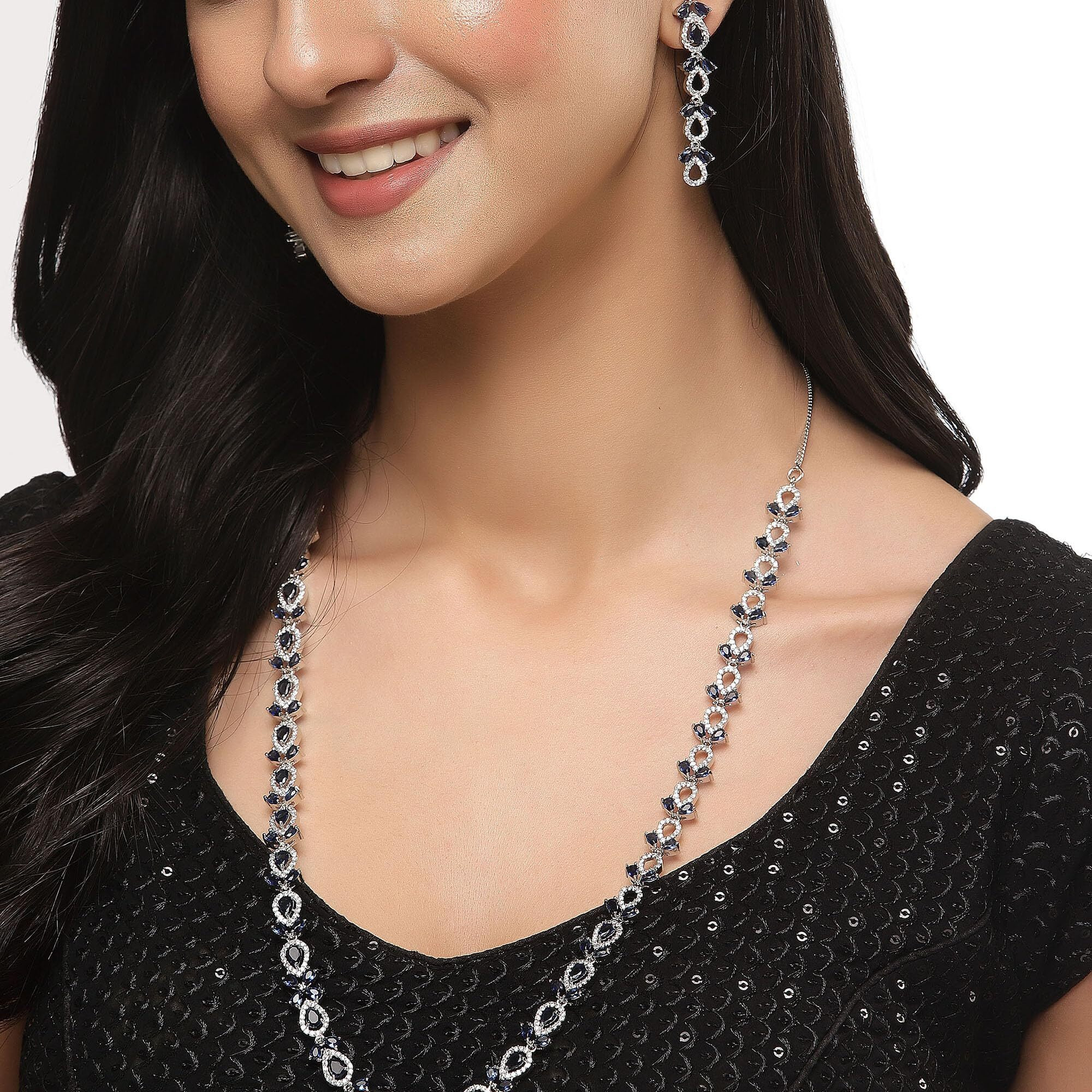 ZENEME Rhodium-Plated Silver Toned Leaf American Diamond Studded Long Necklace Earrings Jewellery Set for Girls and Women (Blue)