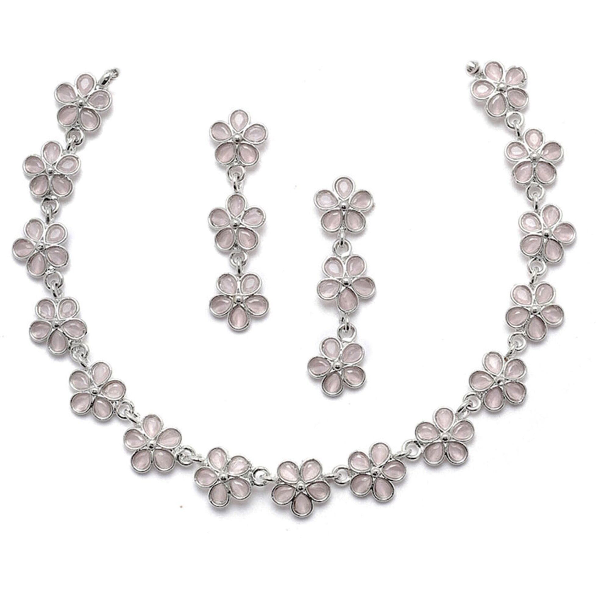 ZENEME Oxidised Silver-Plated Flower Shaped American Diamond Studded Necklace Earrings Jewellery Set for Girls and Women (Pink)