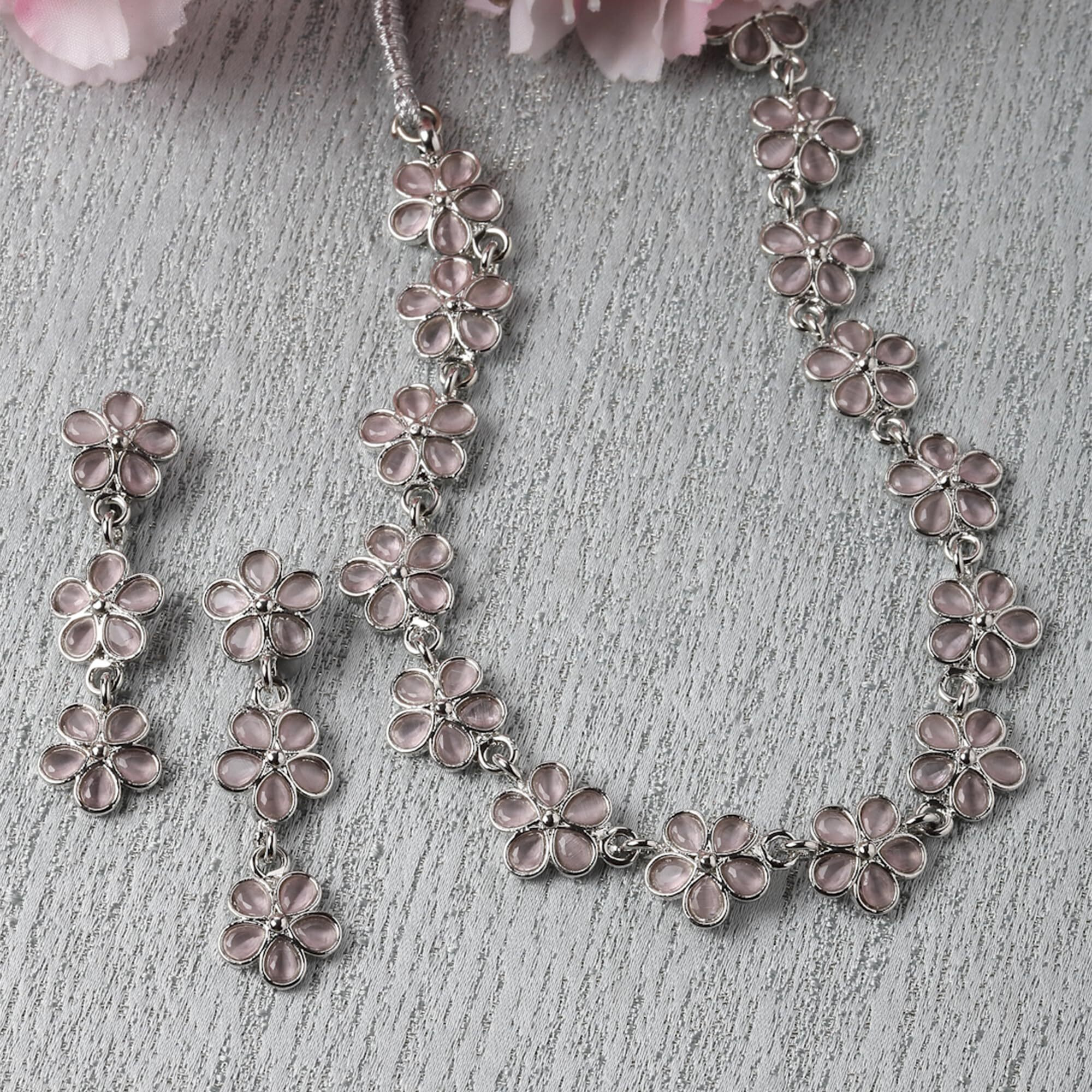 ZENEME Oxidised Silver-Plated Flower Shaped American Diamond Studded Necklace Earrings Jewellery Set for Girls and Women (Pink)