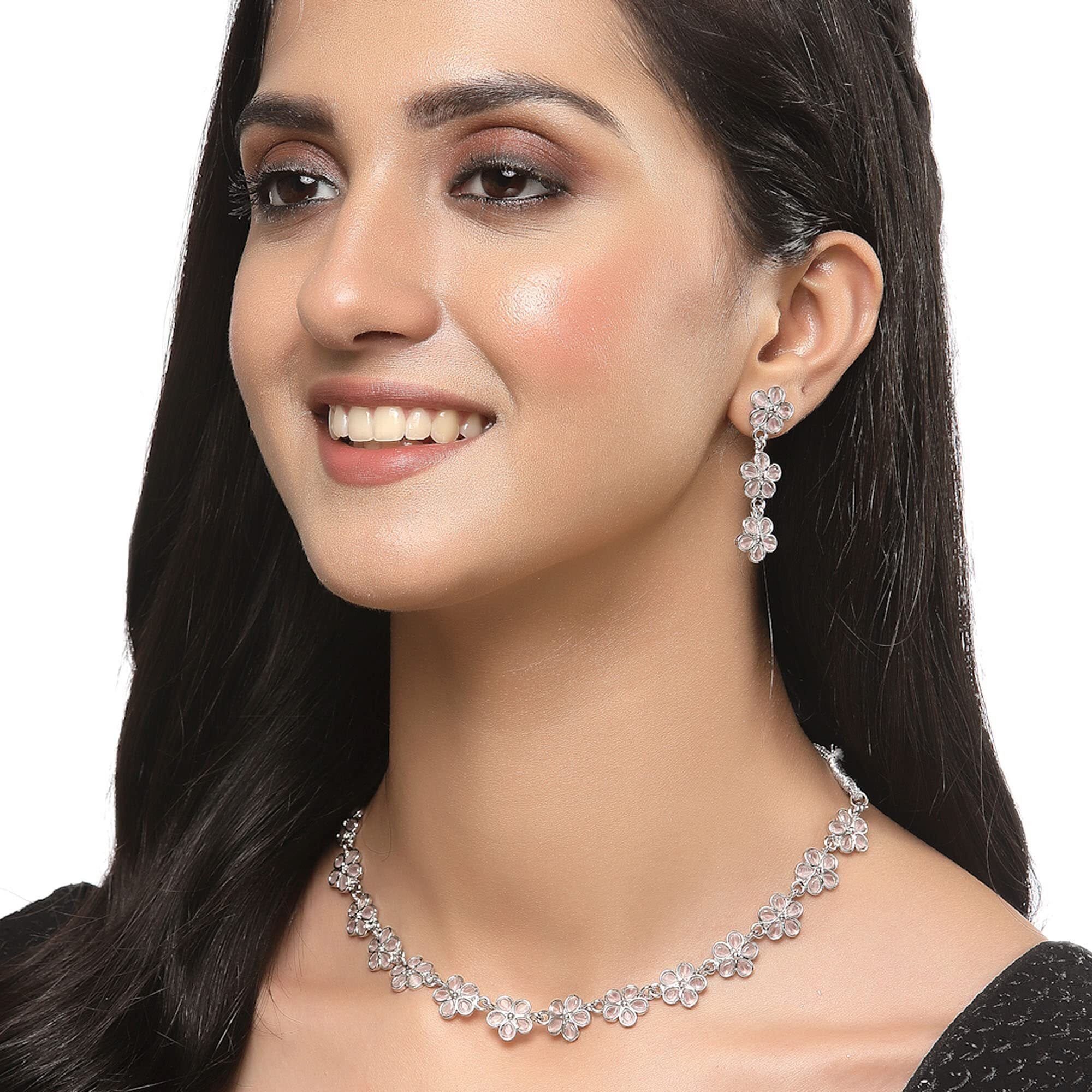 ZENEME Oxidised Silver-Plated Flower Shaped American Diamond Studded Necklace Earrings Jewellery Set for Girls and Women (Pink)