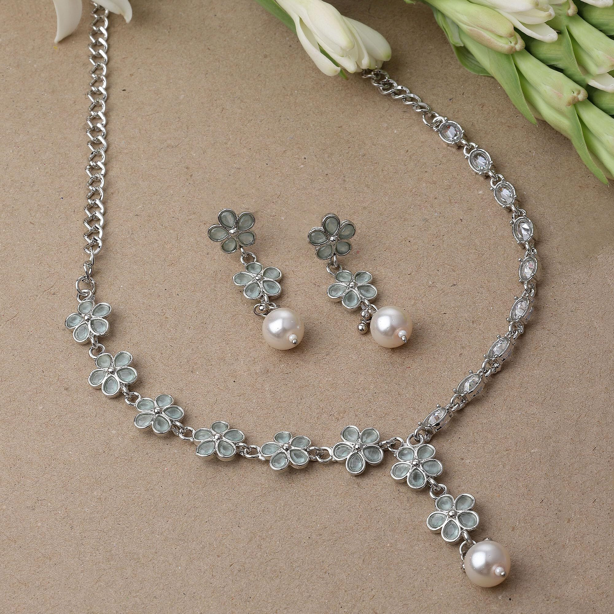 ZENEME Oxidised Silver-Plated Flower Shaped American Diamond Studded Necklace Earrings Jewellery Set for Girls and Women (Sea Green)
