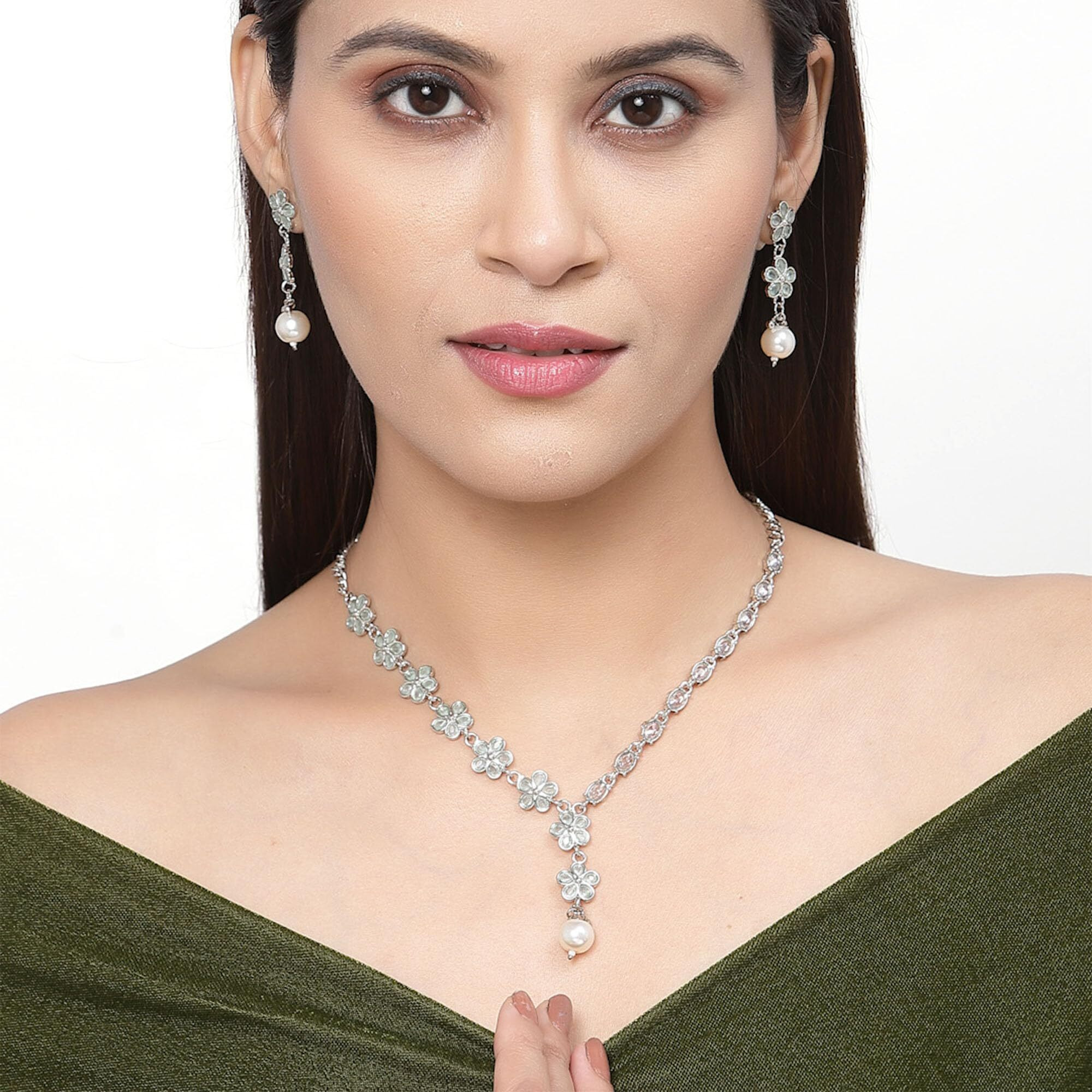 ZENEME Oxidised Silver-Plated Flower Shaped American Diamond Studded Necklace Earrings Jewellery Set for Girls and Women (Sea Green)