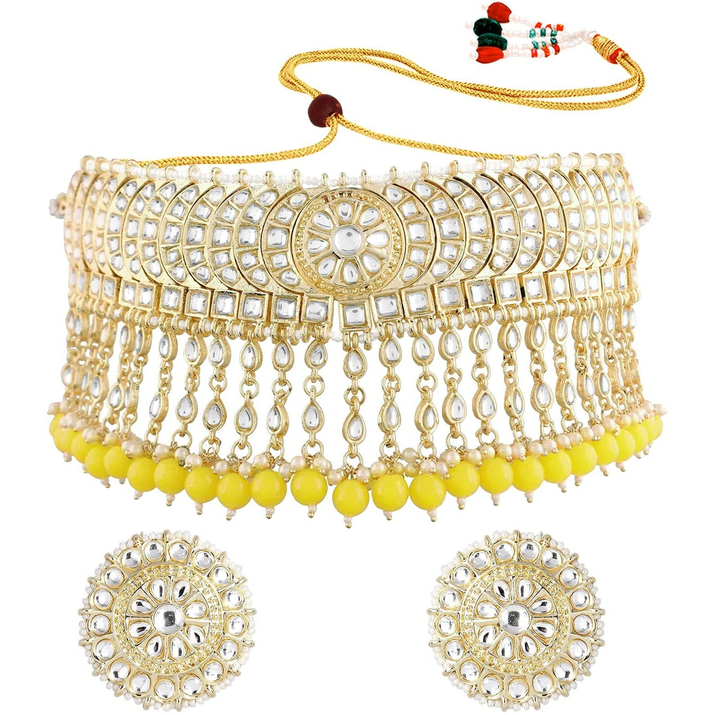I Jewels Gold Plated Traditional Kundan & Pearl Studded Bridal Choker Necklace With Round Earrings Jewellery Set For Women (K7210Y)