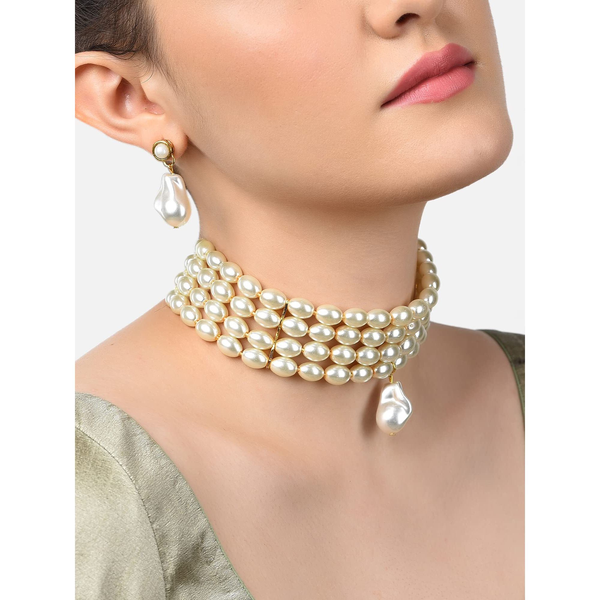 ZAVERI PEARLS Gold Tone Ethnic Pearls Choker Necklace & Earring Set For Women-ZPFK11081