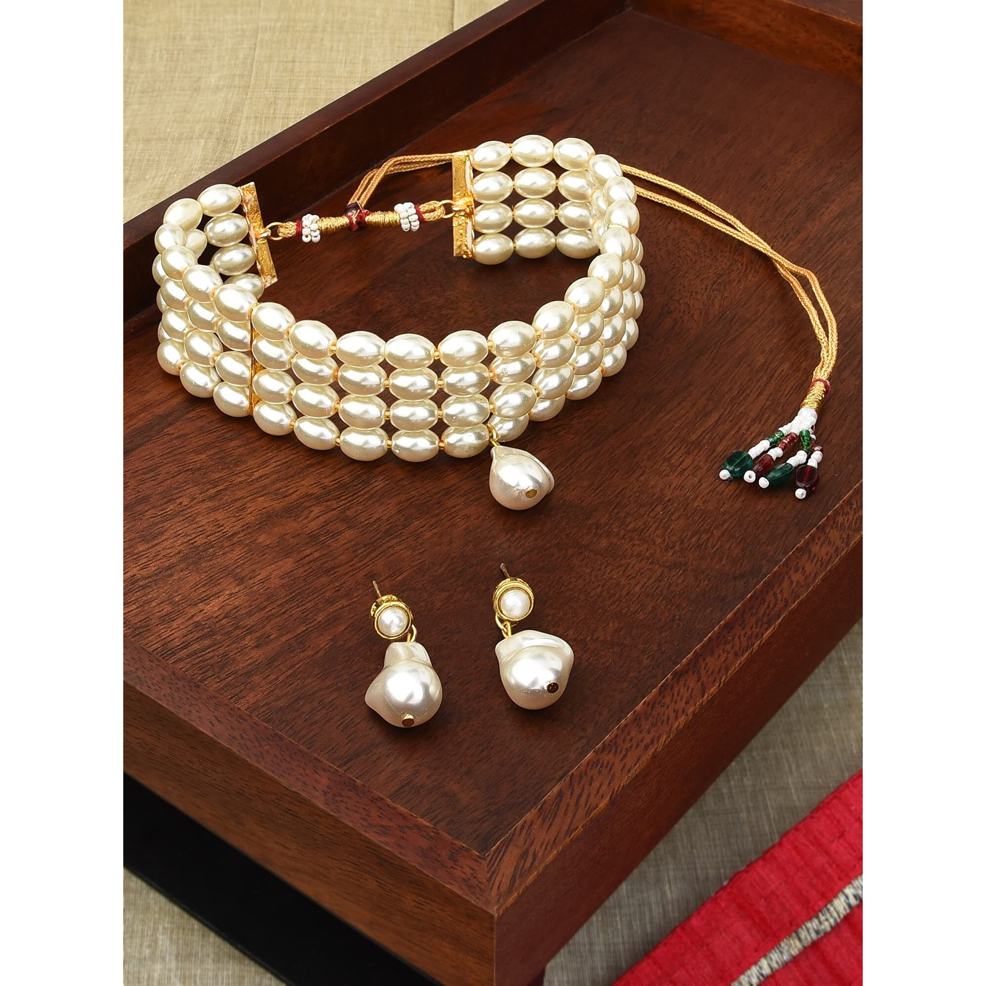ZAVERI PEARLS Gold Tone Ethnic Pearls Choker Necklace & Earring Set For Women-ZPFK11081