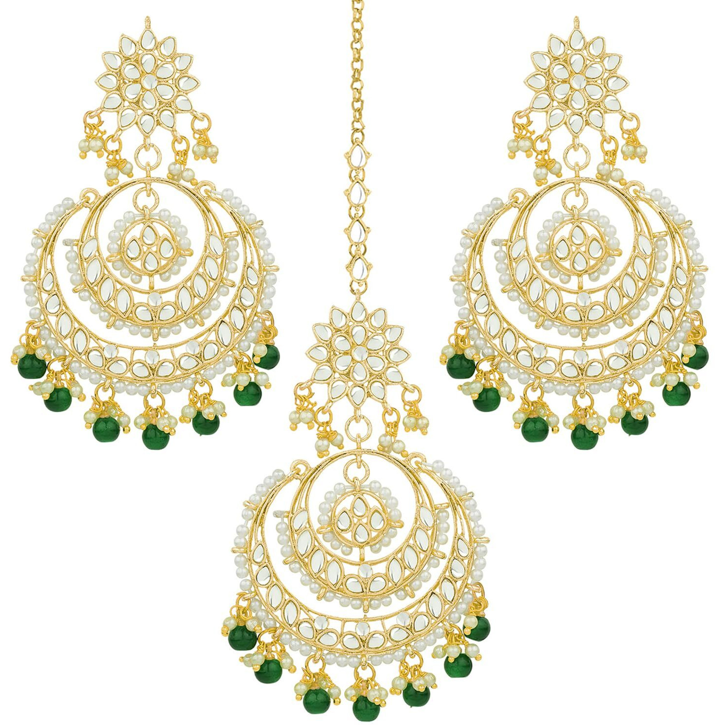 Peora Traditional Jewellery 18K Gold Plated Brass Alloy Kundan and Pearl Maang Tikka Earring Set for Women (Green)