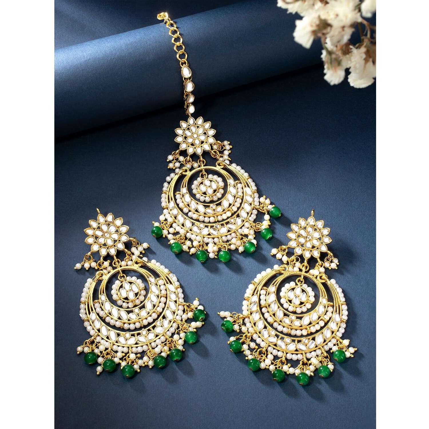 Peora Traditional Jewellery 18K Gold Plated Brass Alloy Kundan and Pearl Maang Tikka Earring Set for Women (Green)