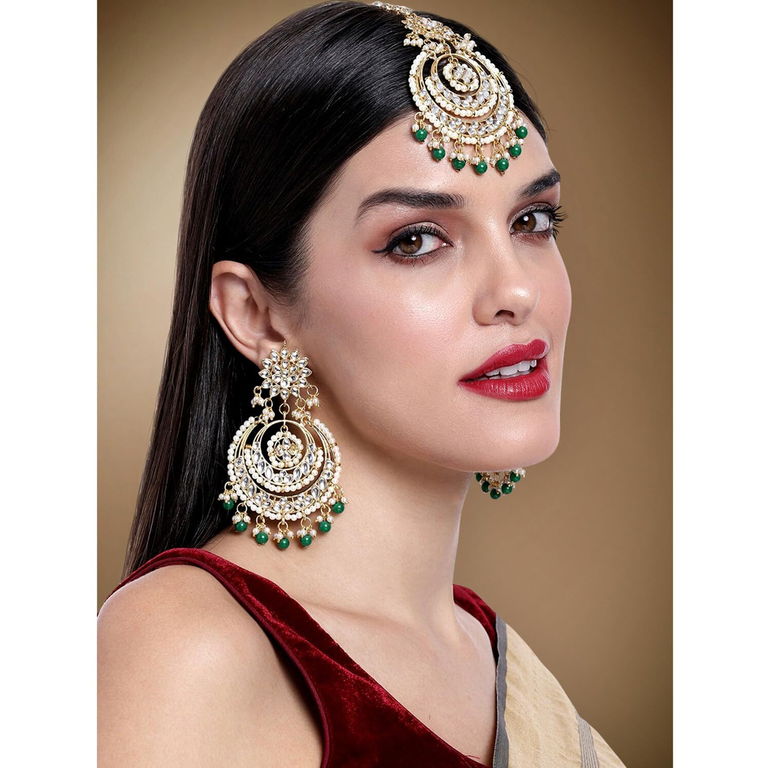 Peora Traditional Jewellery 18K Gold Plated Brass Alloy Kundan and Pearl Maang Tikka Earring Set for Women (Green)