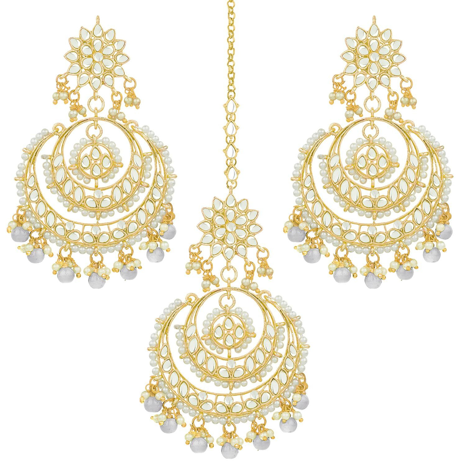 Peora Traditional Jewellery 18K Gold Plated Kundan Brass Alloy & Pearl Maang Tikka Earring CZ Set for Women Girls (Grey)