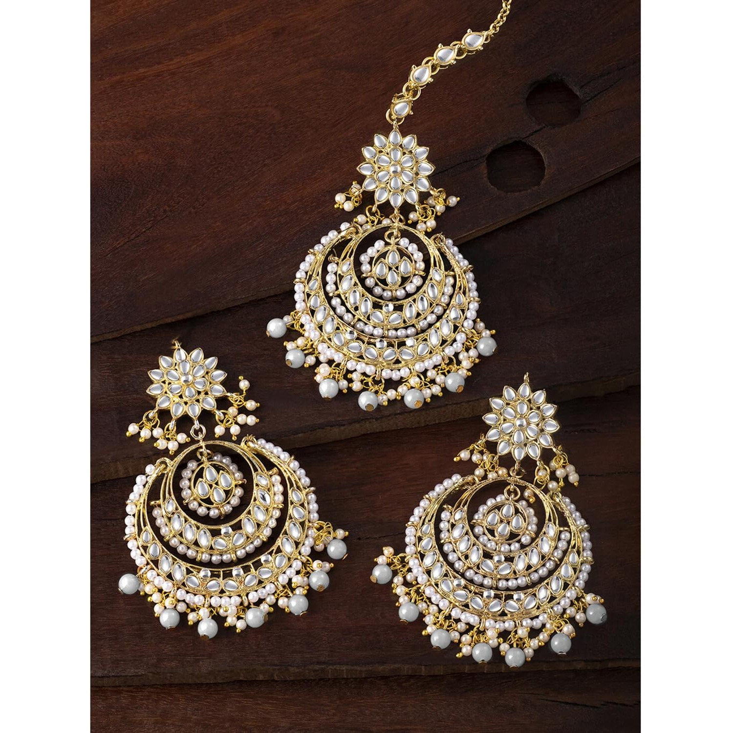 Peora Traditional Jewellery 18K Gold Plated Kundan Brass Alloy & Pearl Maang Tikka Earring CZ Set for Women Girls (Grey)