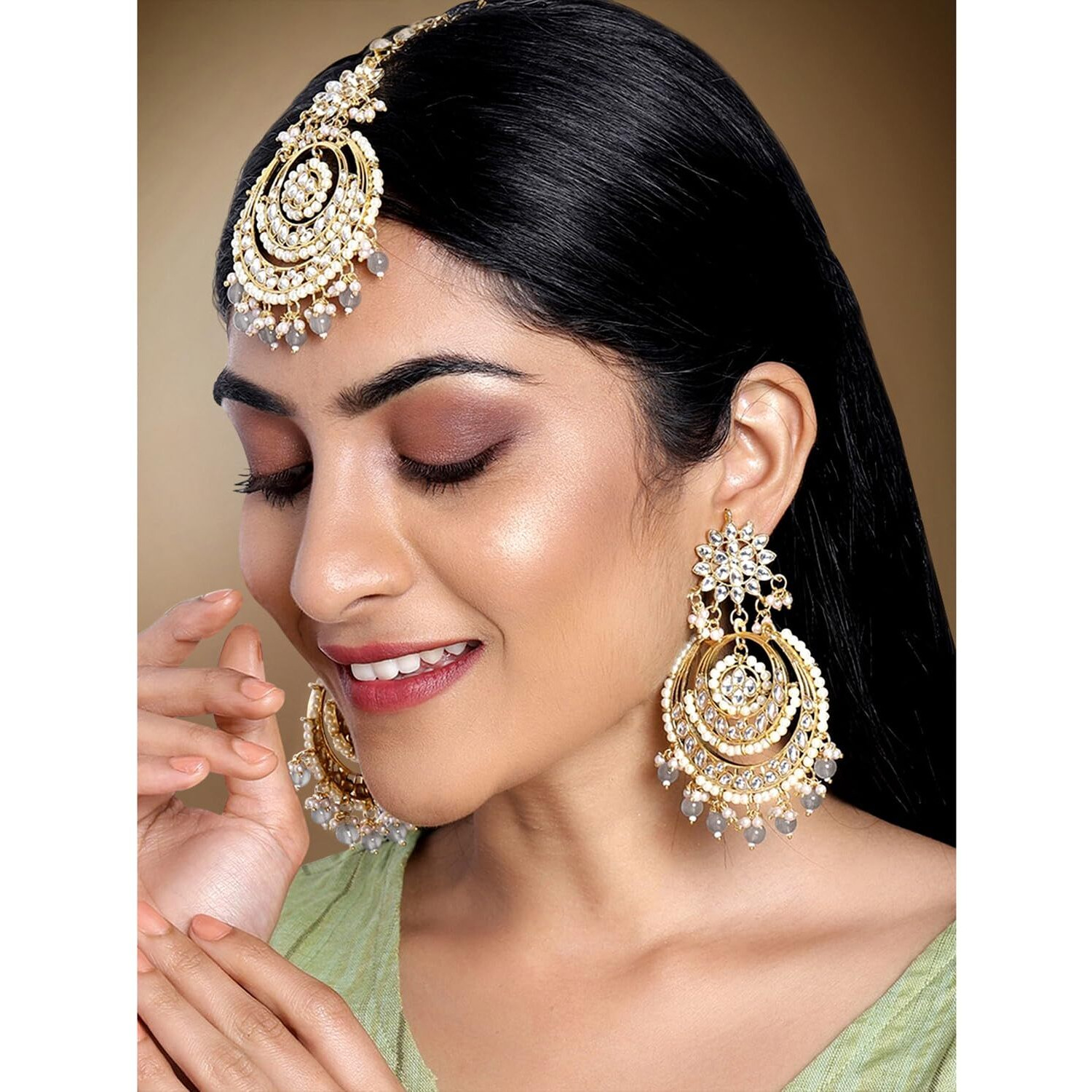 Peora Traditional Jewellery 18K Gold Plated Kundan Brass Alloy & Pearl Maang Tikka Earring CZ Set for Women Girls (Grey)