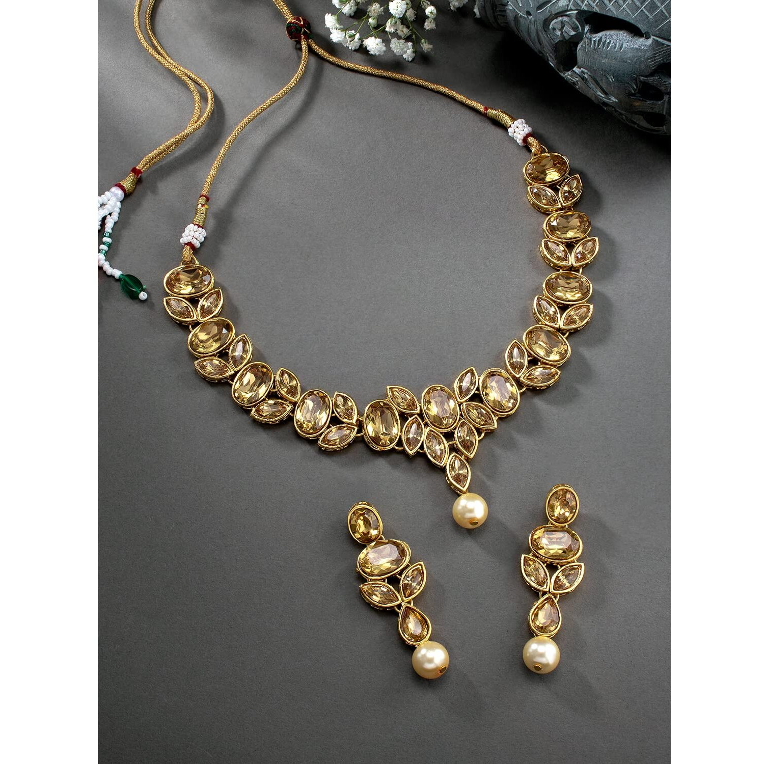 Peora Ethnic Gold Plated Crystal Studded Choker Necklace Earring Set Stylish Jewellery For Women & Girls
