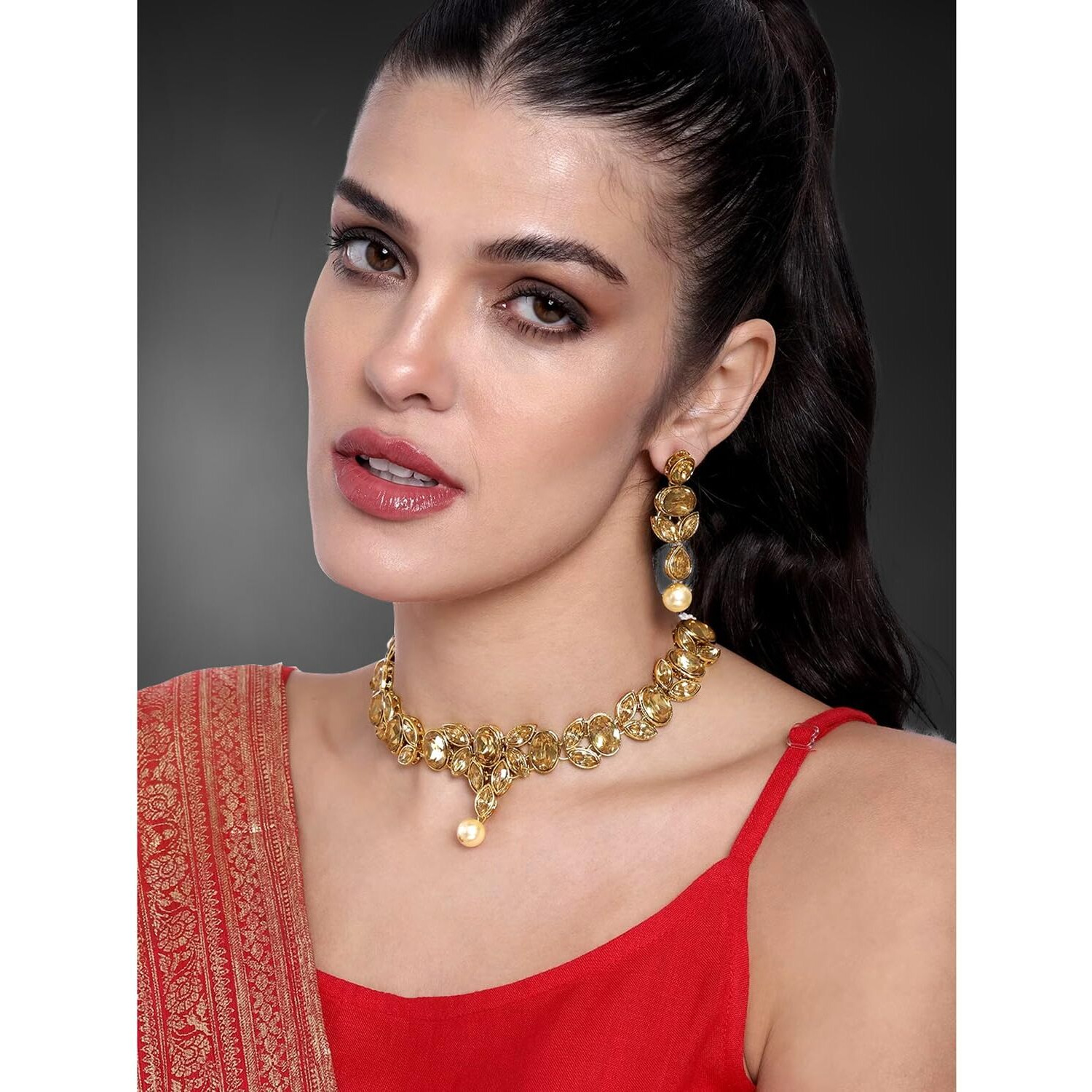 Peora Ethnic Gold Plated Crystal Studded Choker Necklace Earring Set Stylish Jewellery For Women & Girls