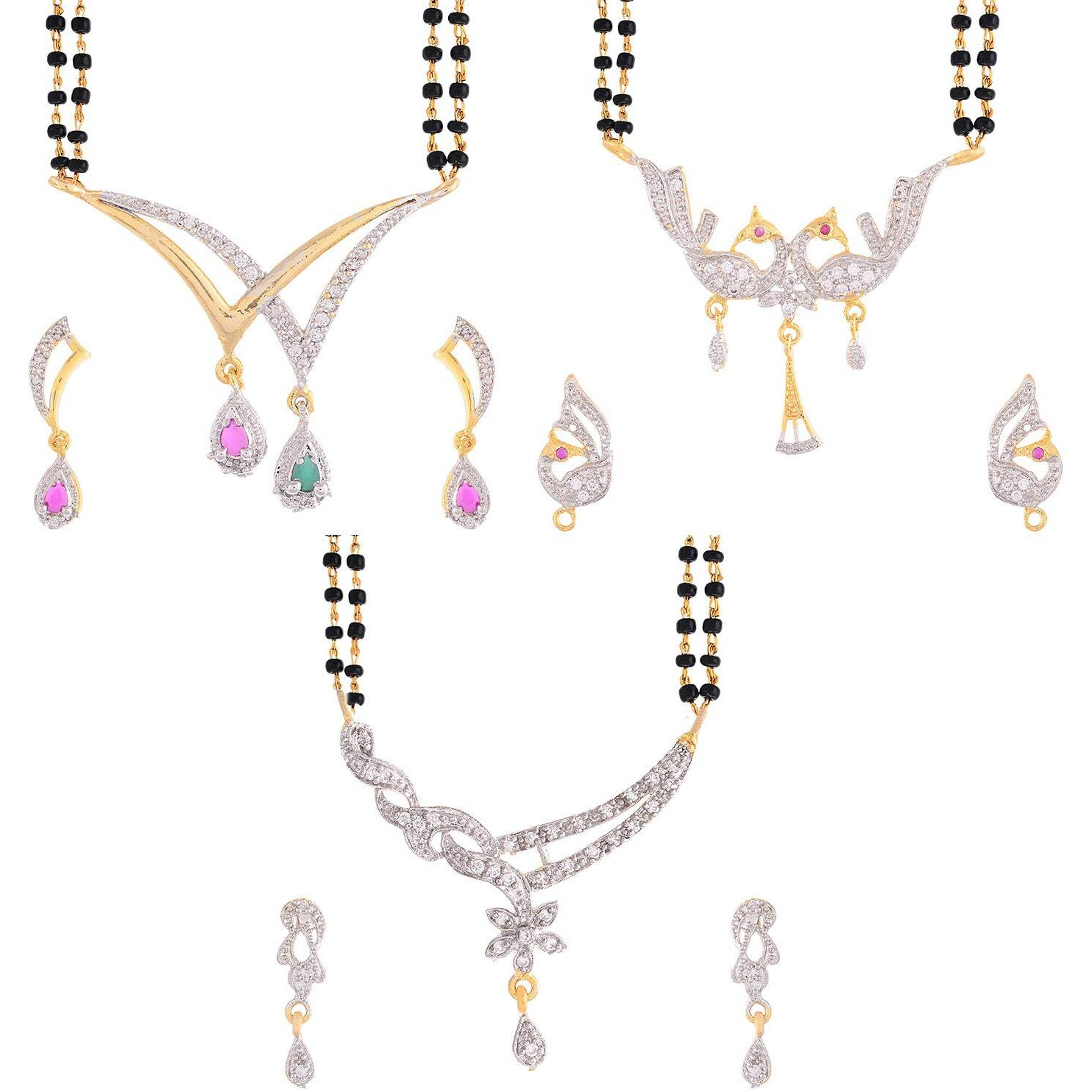 ZENEME Womens Pride Cubic Zirconia Gold Plated Mangalsutra Pendant With Chain Earrings Jewellery For Women Pack Of 3 (Design-8)