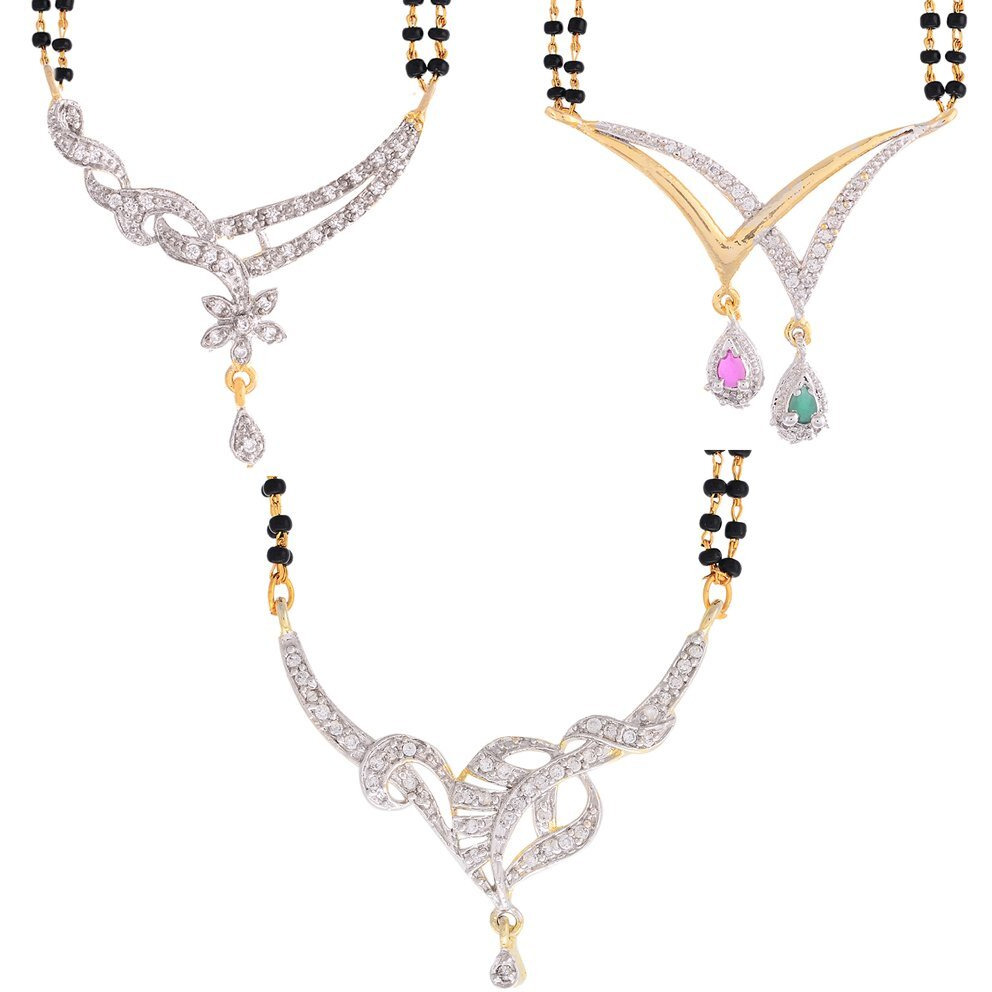 ZENEME Womens Pride Cubic Zirconia Gold Plated Mangalsutra Pendant With Chain Earrings Jewellery For Women Pack Of 3 (Design-2)