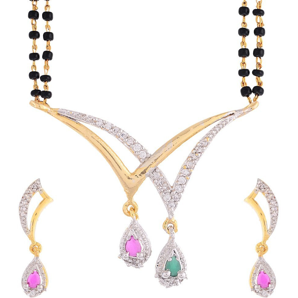 ZENEME Womens Pride Cubic Zirconia Gold Plated Mangalsutra Pendant With Chain Earrings Jewellery For Women Pack Of 3 (Design-2)
