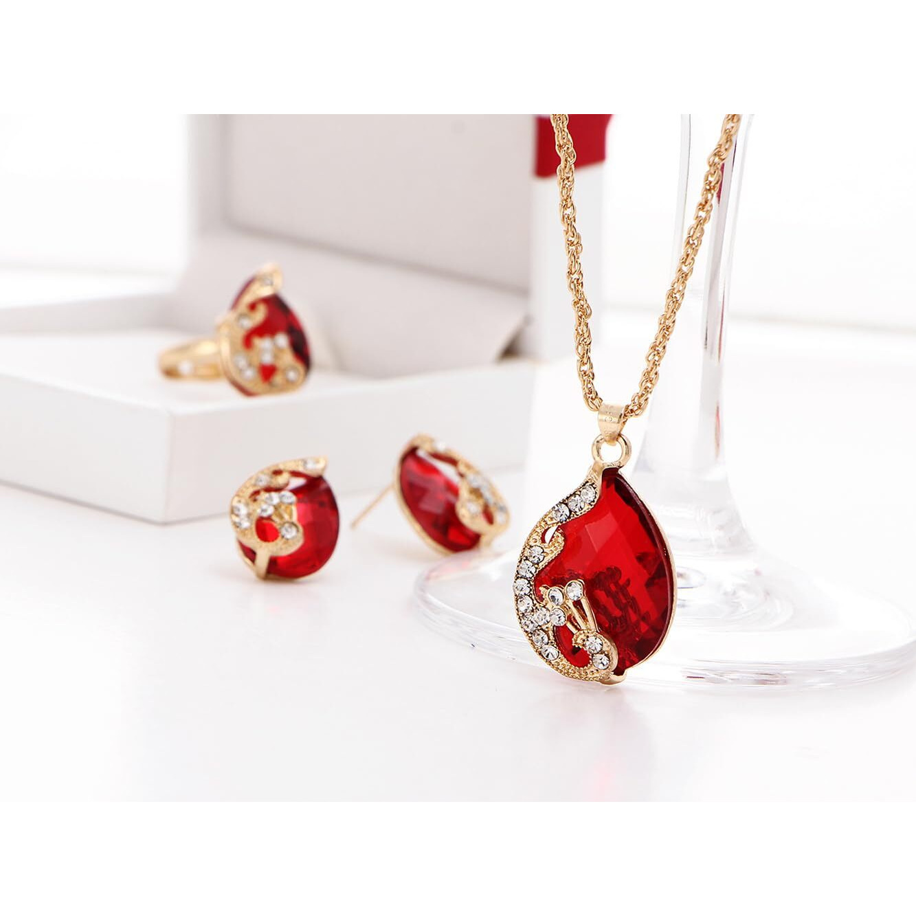 Shining Diva Fashion Latest Stylish Design Crystal Pendant Necklace Jewellery Set for Women (rrsd15226s)(Red)