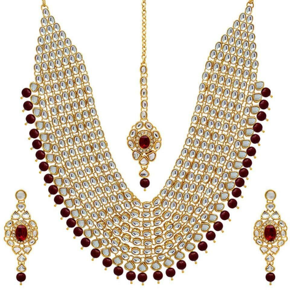 Shining Diva Fashion Latest Kundan Design Bridal Necklace Set for Women Wedding Traditional Gold Plated Jewellery Set for Women (Red) (10012s)