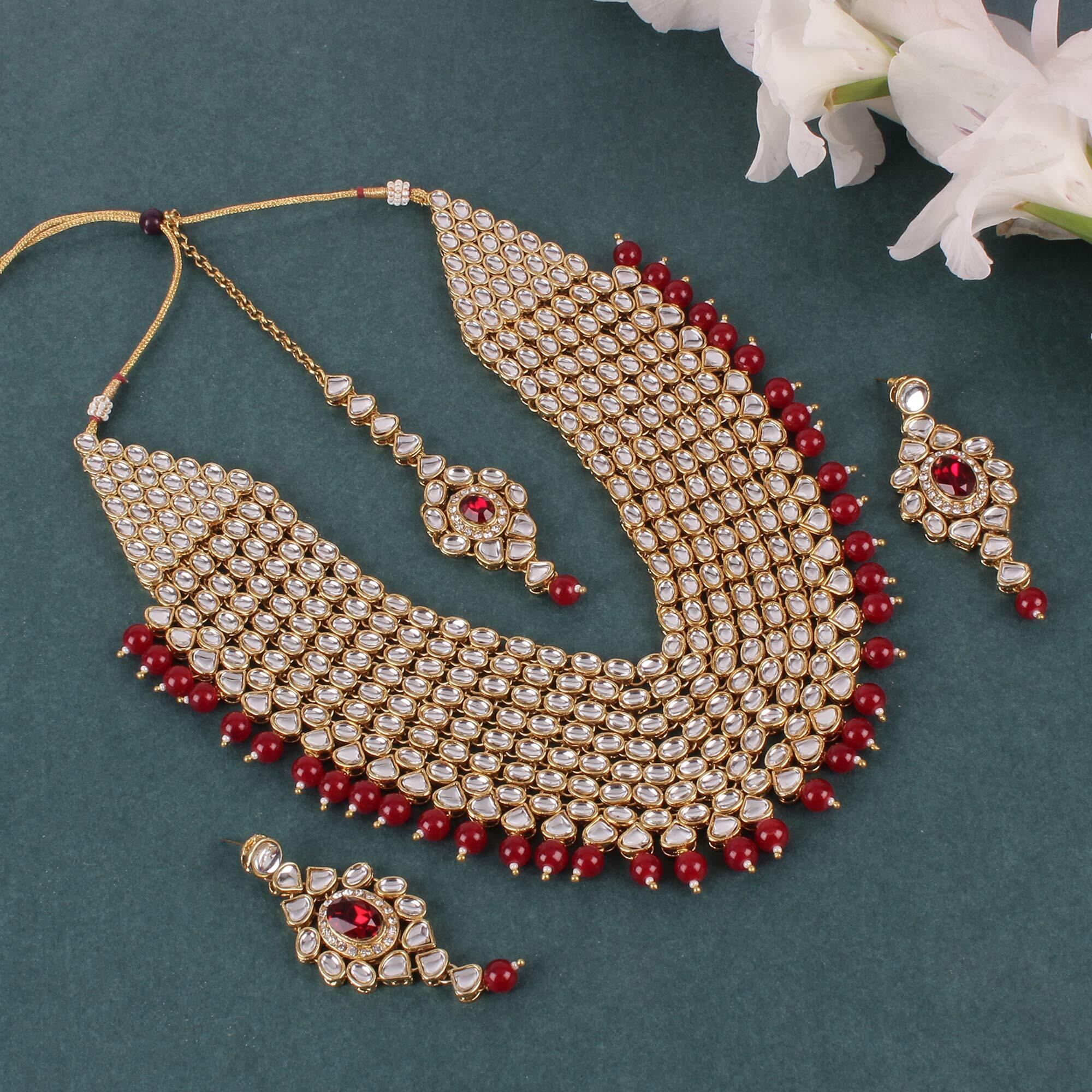 Shining Diva Fashion Latest Kundan Design Bridal Necklace Set for Women Wedding Traditional Gold Plated Jewellery Set for Women (Red) (10012s)