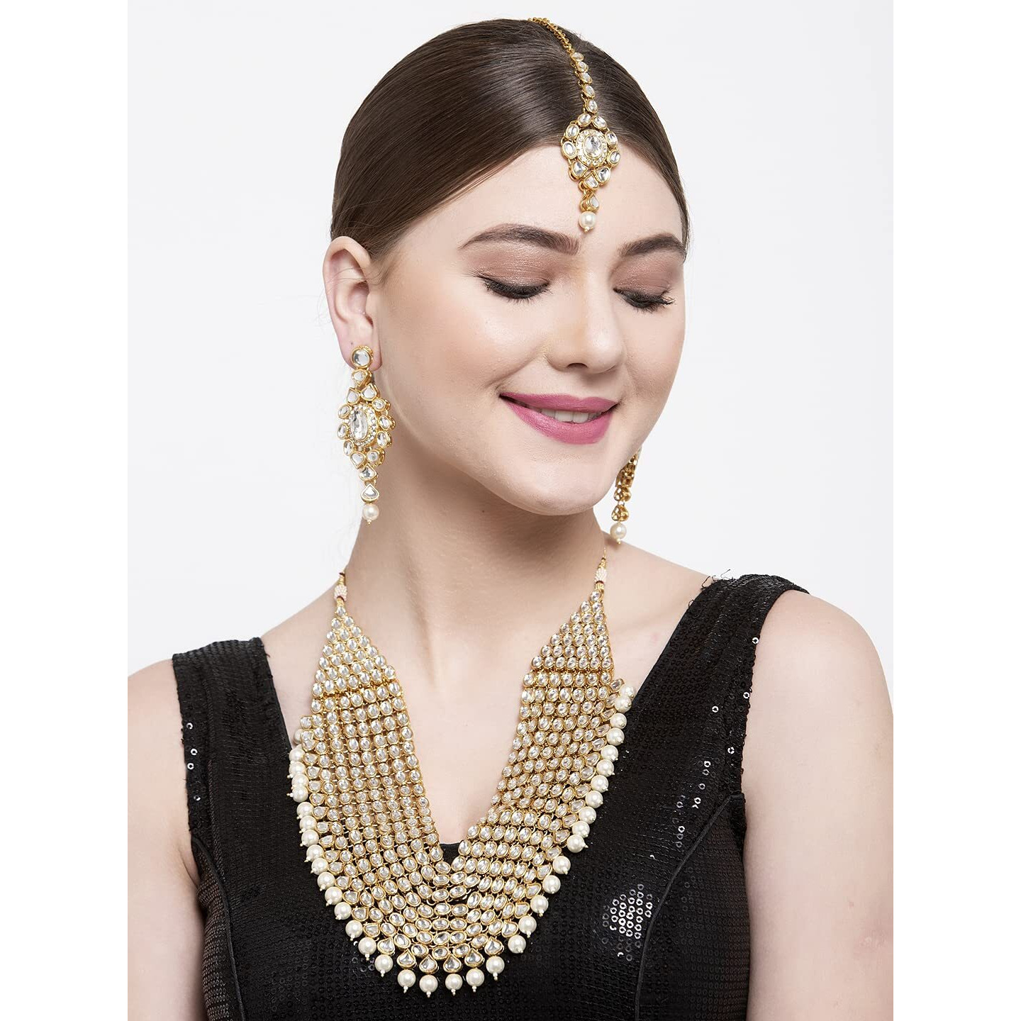 Shining Diva Fashion Latest Kundan Design Bridal Necklace Set for Women Wedding Traditional Gold Plated Jewellery Set for Women (White) (10152s)