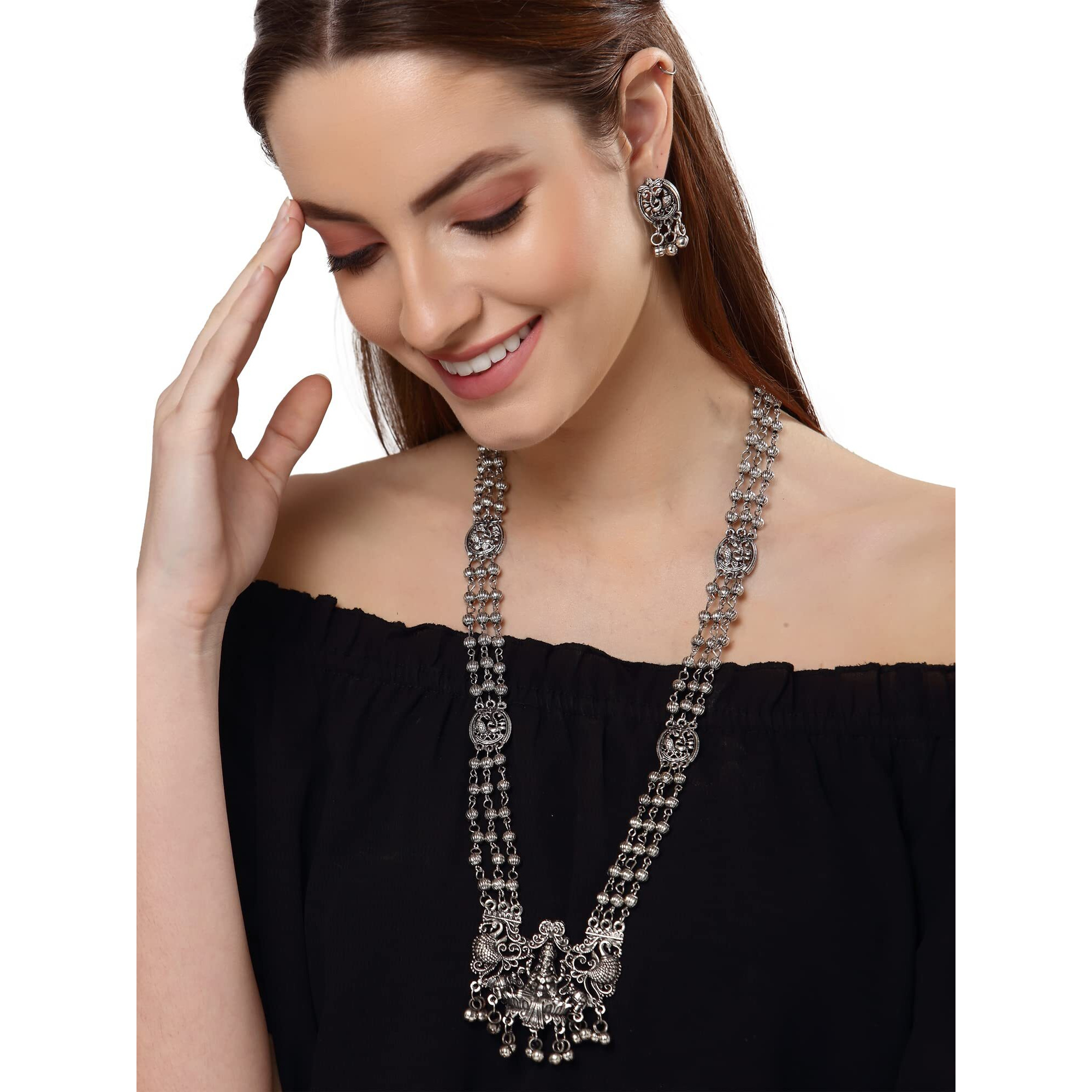 Shining Diva Fashion Latest Stylish Traditional Oxidised Silver Necklace Jewellery Set for Women (13137s)