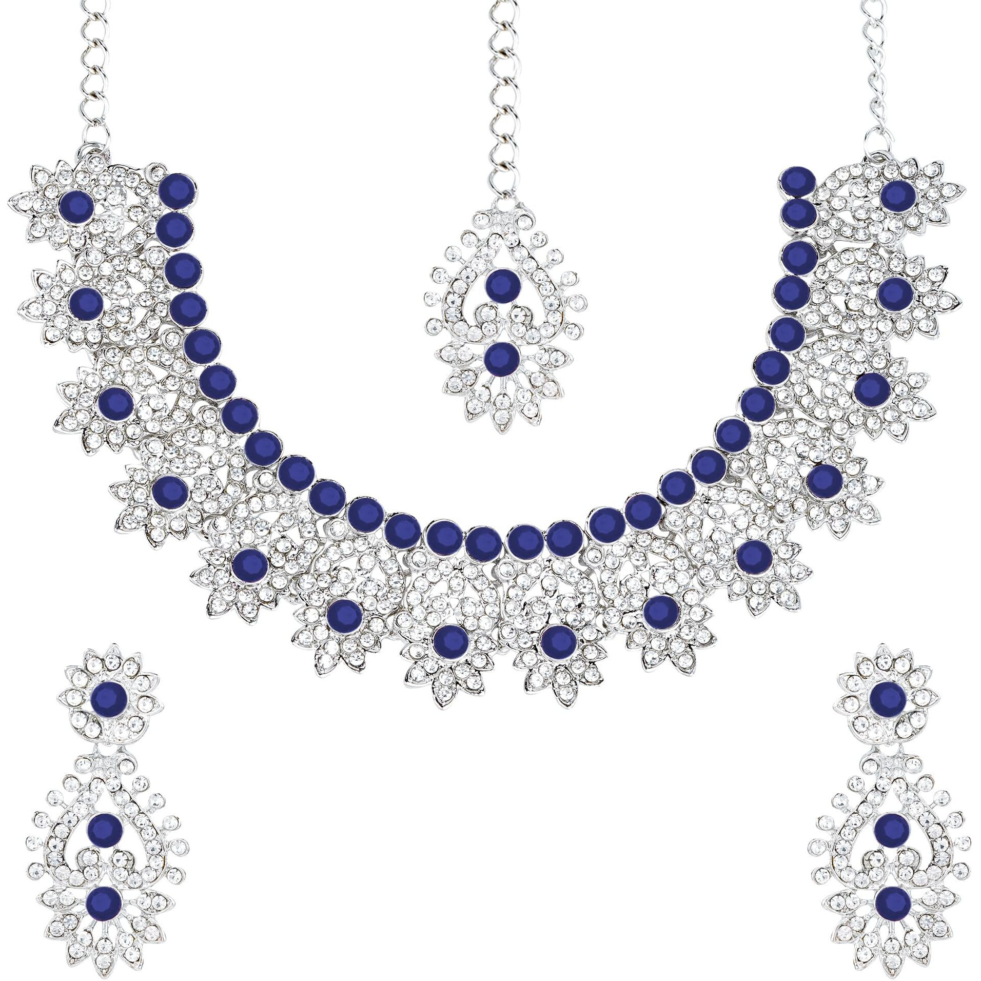 Atasi International Silver Plated White & Blue Crystals Diamond Jewellery Set For Women Suitable for Bridal, Wedding, Party & Festive Occasional Wear (RB5380)