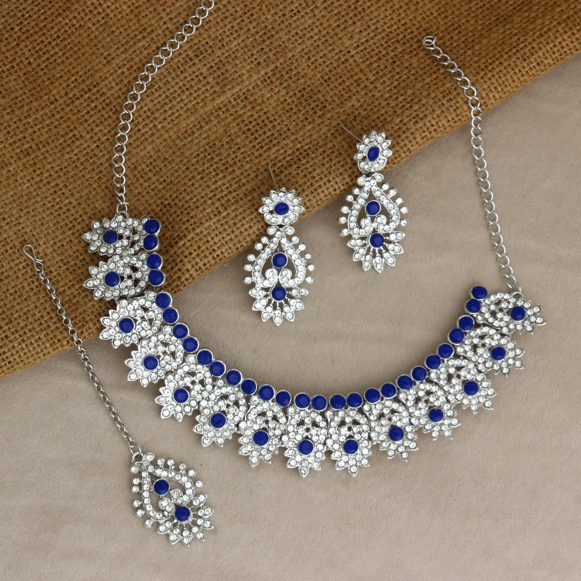 Atasi International Silver Plated White & Blue Crystals Diamond Jewellery Set For Women Suitable for Bridal, Wedding, Party & Festive Occasional Wear (RB5380)