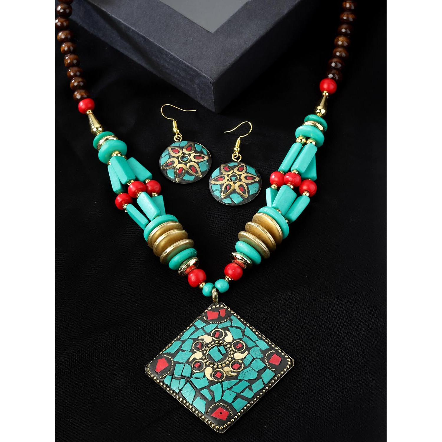 Shining Diva Fashion Latest Stylish Traditional Tibetan Pendant Necklace Oxidised Jewellery Set for Women (15551s)