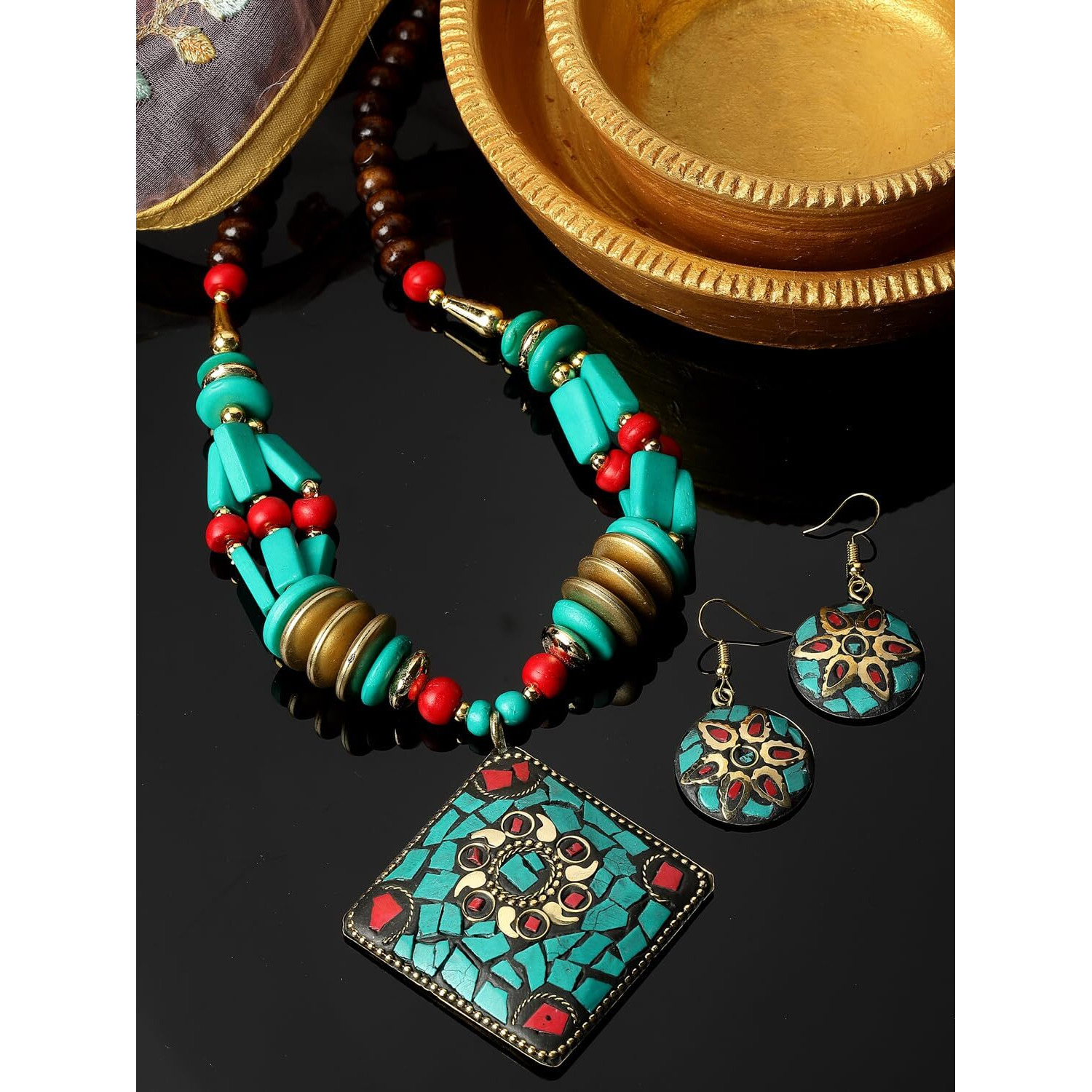 Shining Diva Fashion Latest Stylish Traditional Tibetan Pendant Necklace Oxidised Jewellery Set for Women (15551s)
