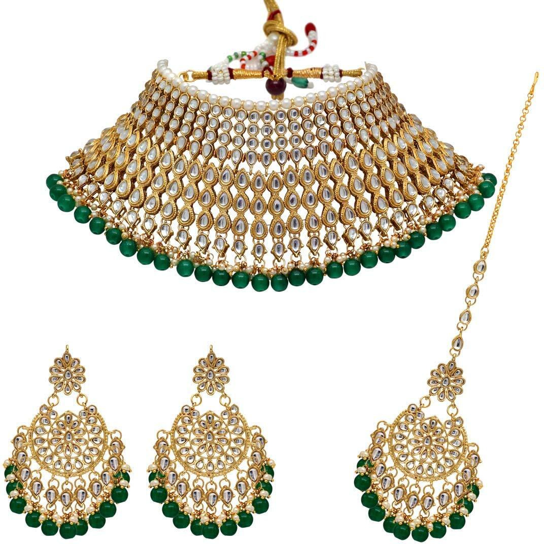 Shining Diva Fashion Latest Kundan Design Bridal Choker Necklace Set for Women Traditional Jewellery Set for Women (Green) (10556s)