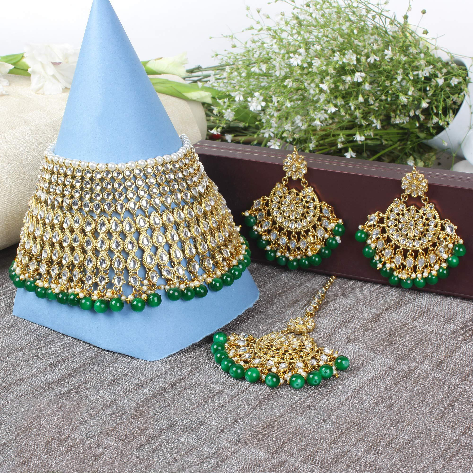 Shining Diva Fashion Latest Kundan Design Bridal Choker Necklace Set for Women Traditional Jewellery Set for Women (Green) (10556s)