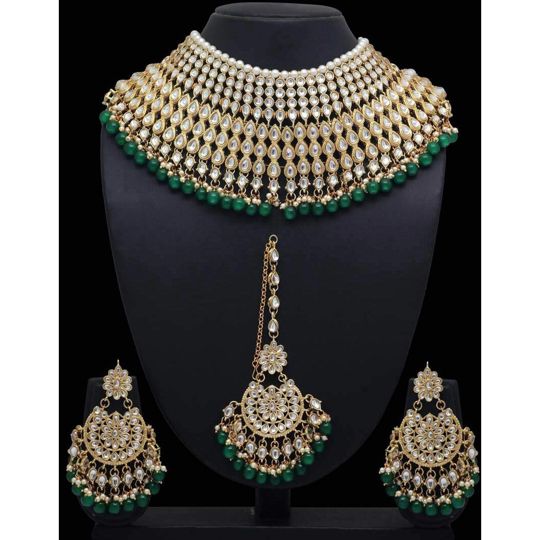 Shining Diva Fashion Latest Kundan Design Bridal Choker Necklace Set for Women Traditional Jewellery Set for Women (Green) (10556s)