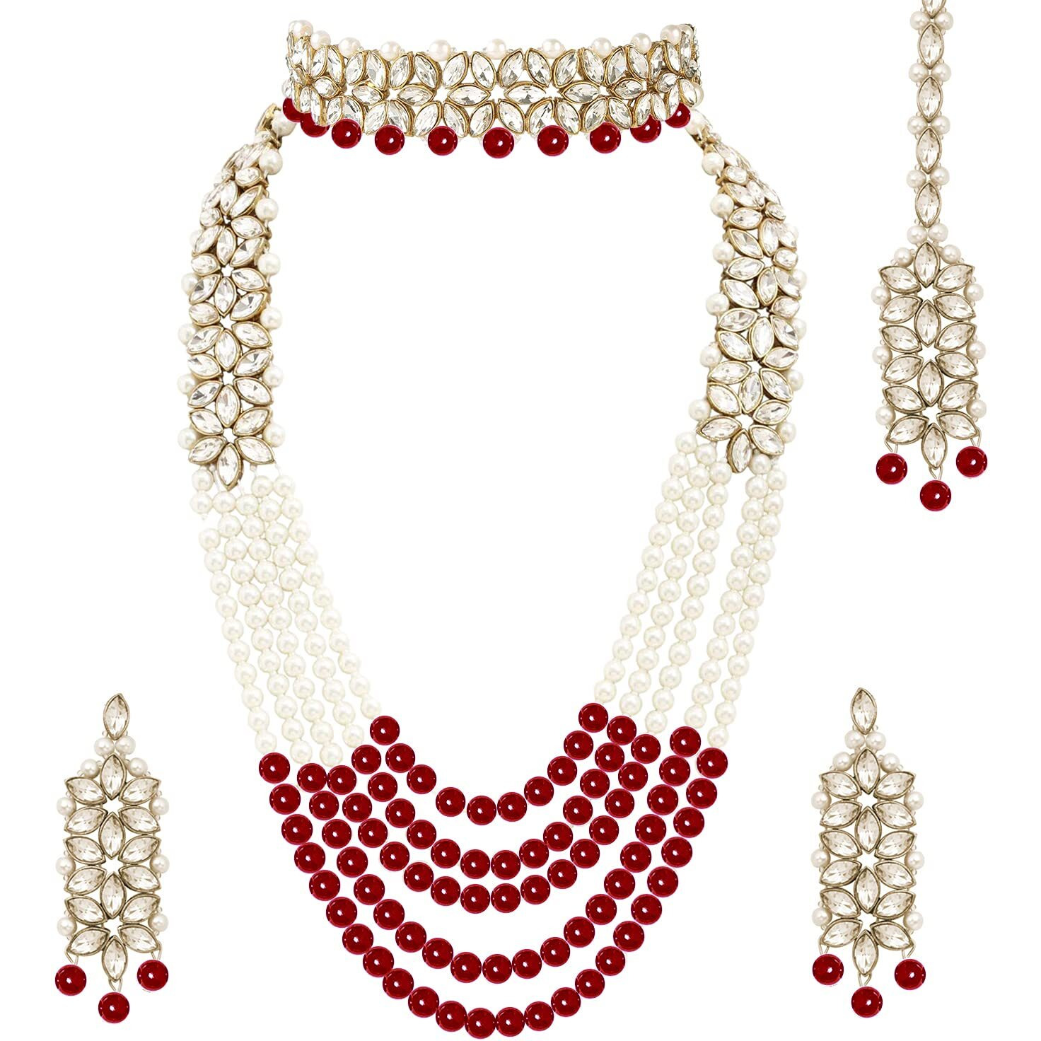 Peora Indian Traditional Gold Plated Kundan Faux Pearl Wedding Bridal Necklace Jewellery Set with Earring Maang Tikka for Women Girls
