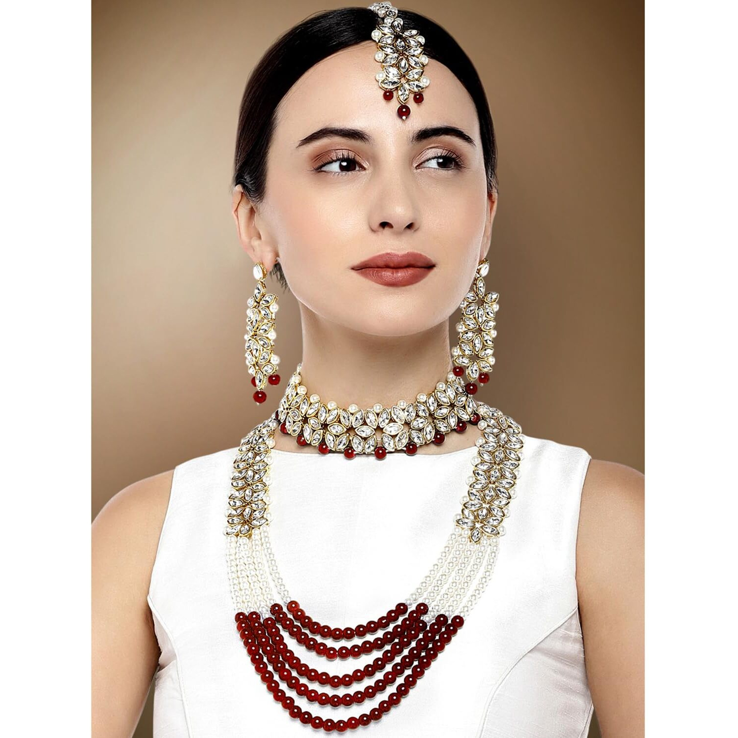 Peora Indian Traditional Gold Plated Kundan Faux Pearl Wedding Bridal Necklace Jewellery Set with Earring Maang Tikka for Women Girls