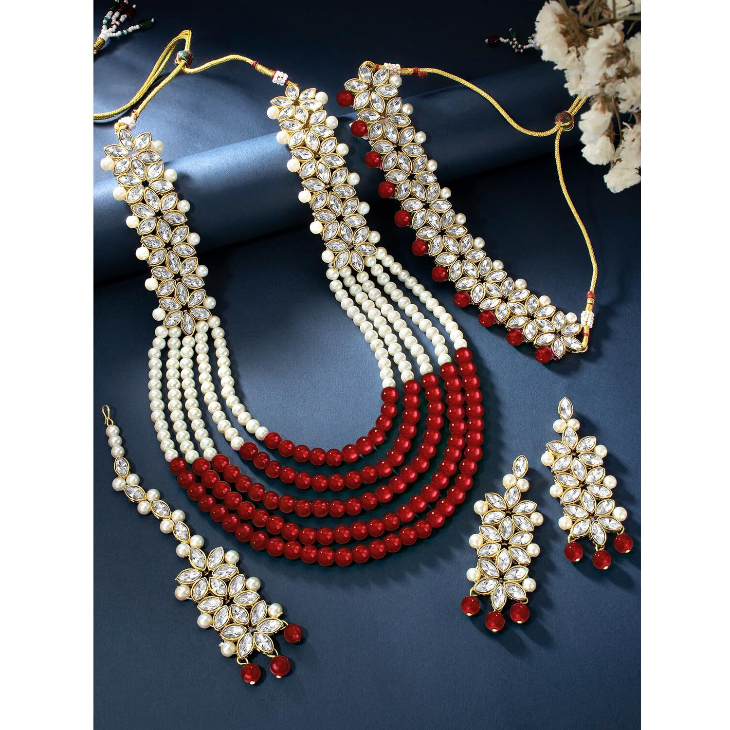 Peora Indian Traditional Gold Plated Kundan Faux Pearl Wedding Bridal Necklace Jewellery Set with Earring Maang Tikka for Women Girls