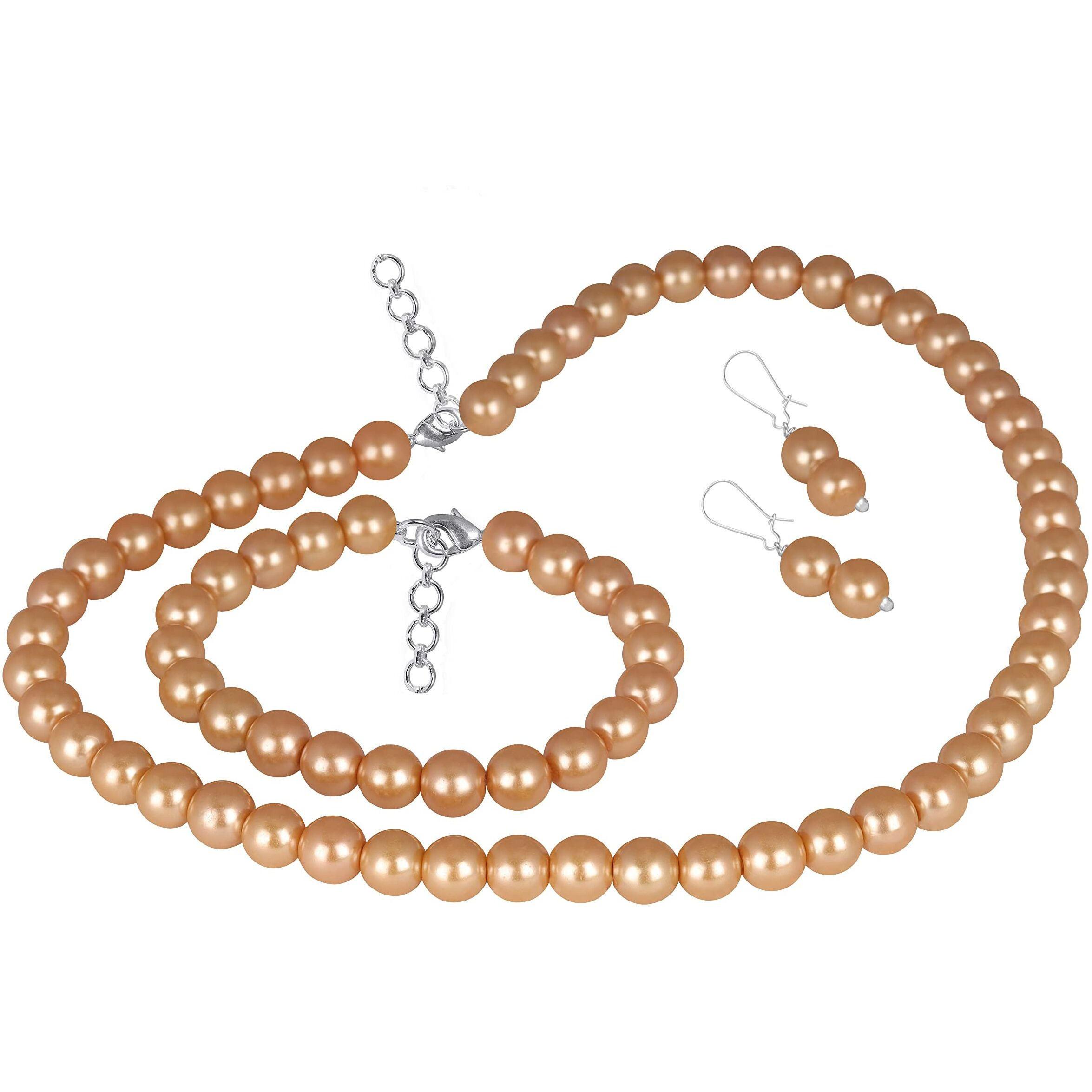 JFL - Jewellery for Less Combo Imitation 8mm Cream Gold Round Pearl Necklace Set Moti Mala Pearl Set With Earrings,Bracelet Handcrafted (Cream Gold),Valentine