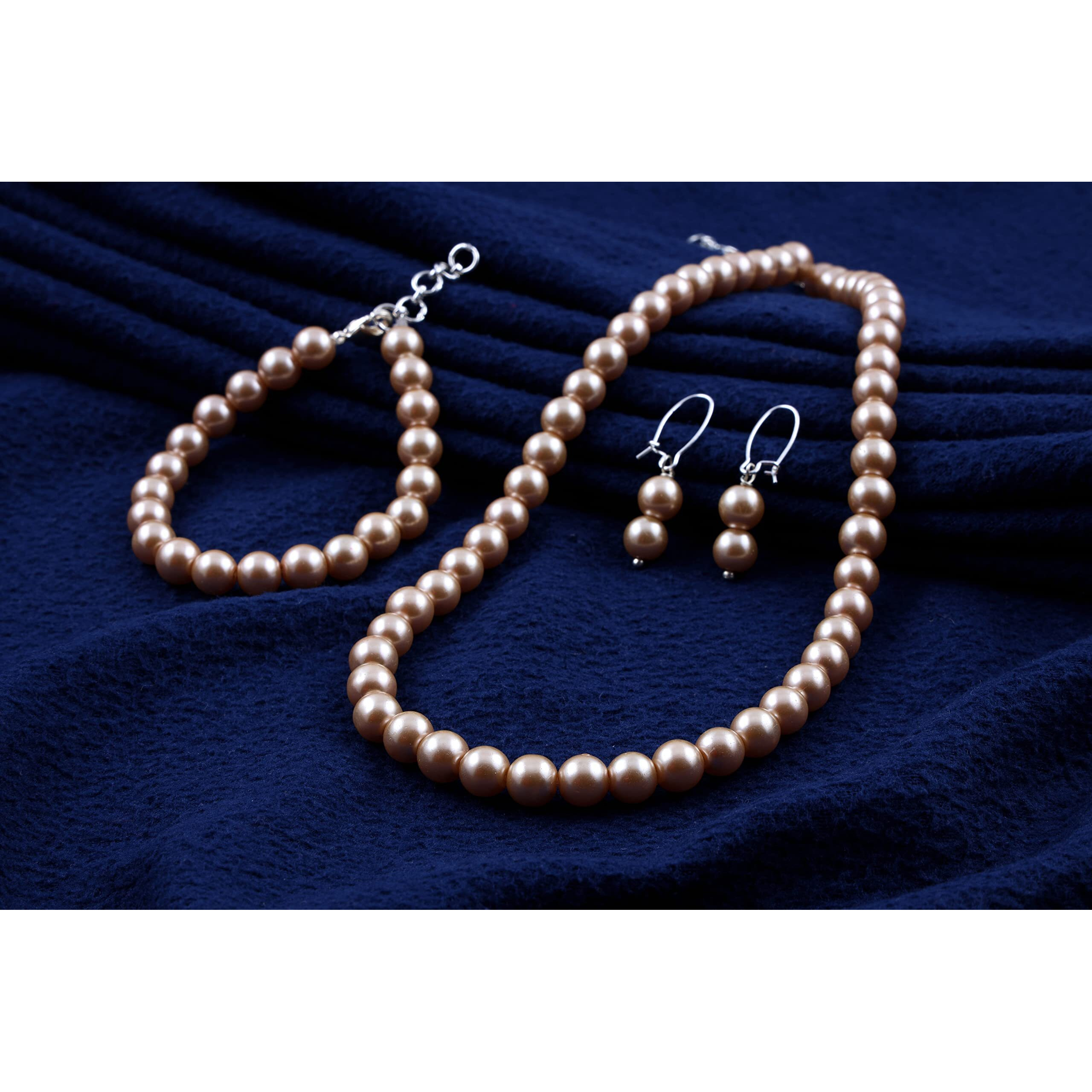 JFL - Jewellery for Less Combo Imitation 8mm Cream Gold Round Pearl Necklace Set Moti Mala Pearl Set With Earrings,Bracelet Handcrafted (Cream Gold),Valentine