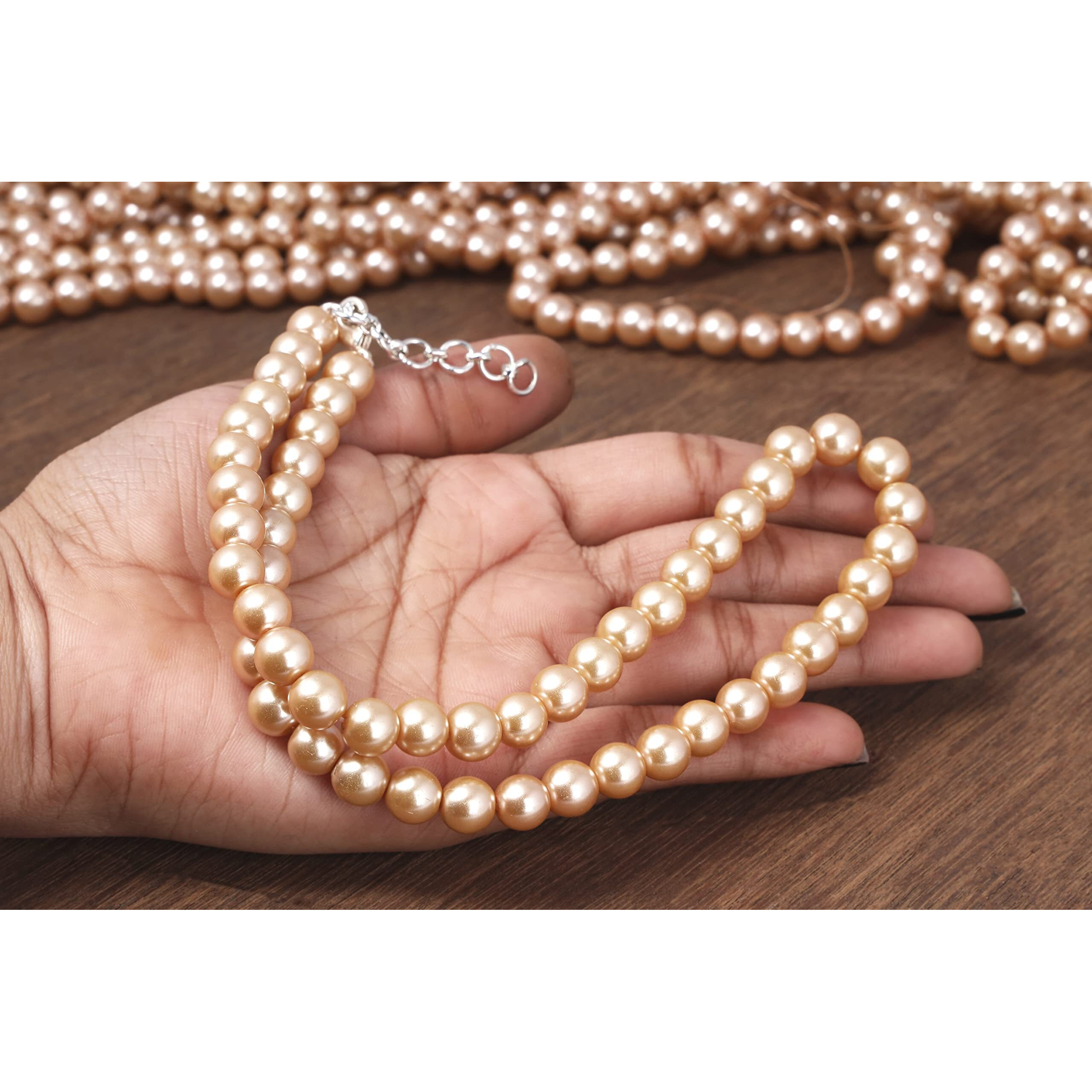 JFL - Jewellery for Less Combo Imitation 8mm Cream Gold Round Pearl Necklace Set Moti Mala Pearl Set With Earrings,Bracelet Handcrafted (Cream Gold),Valentine