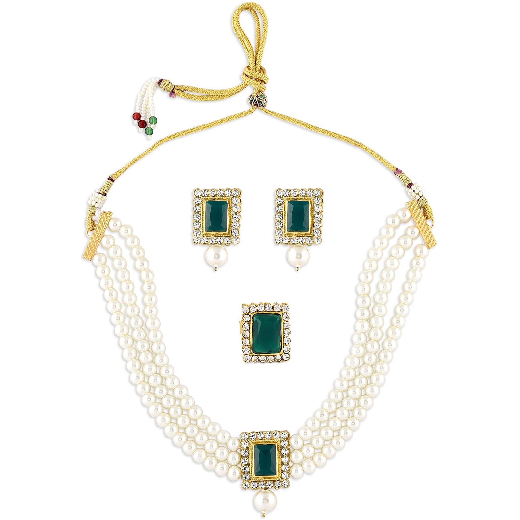 ZAVERI PEARLS Green Stones Multistrand Pearls Choker Necklace Earring & Ring Set For Women-ZPFK10845