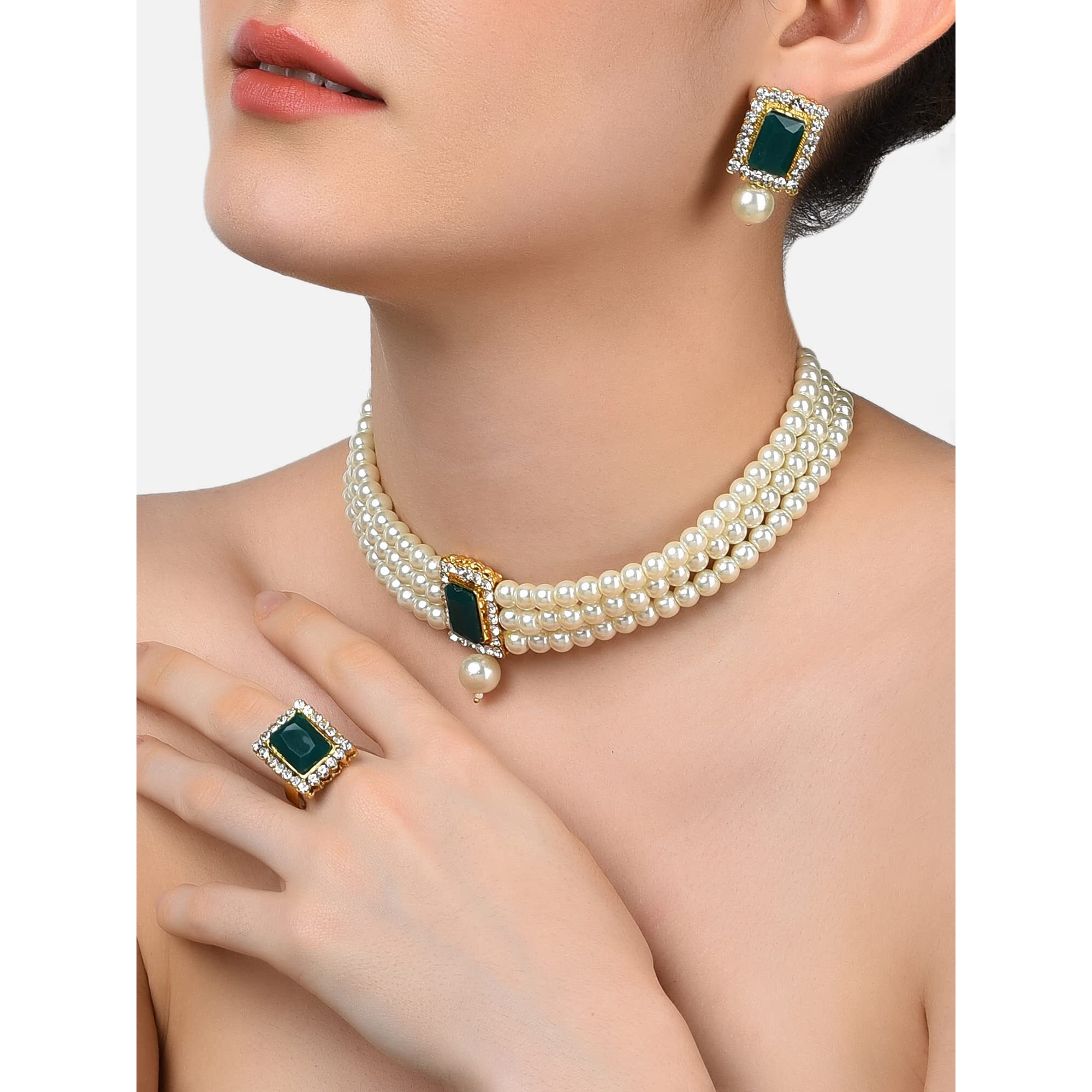 ZAVERI PEARLS Green Stones Multistrand Pearls Choker Necklace Earring & Ring Set For Women-ZPFK10845