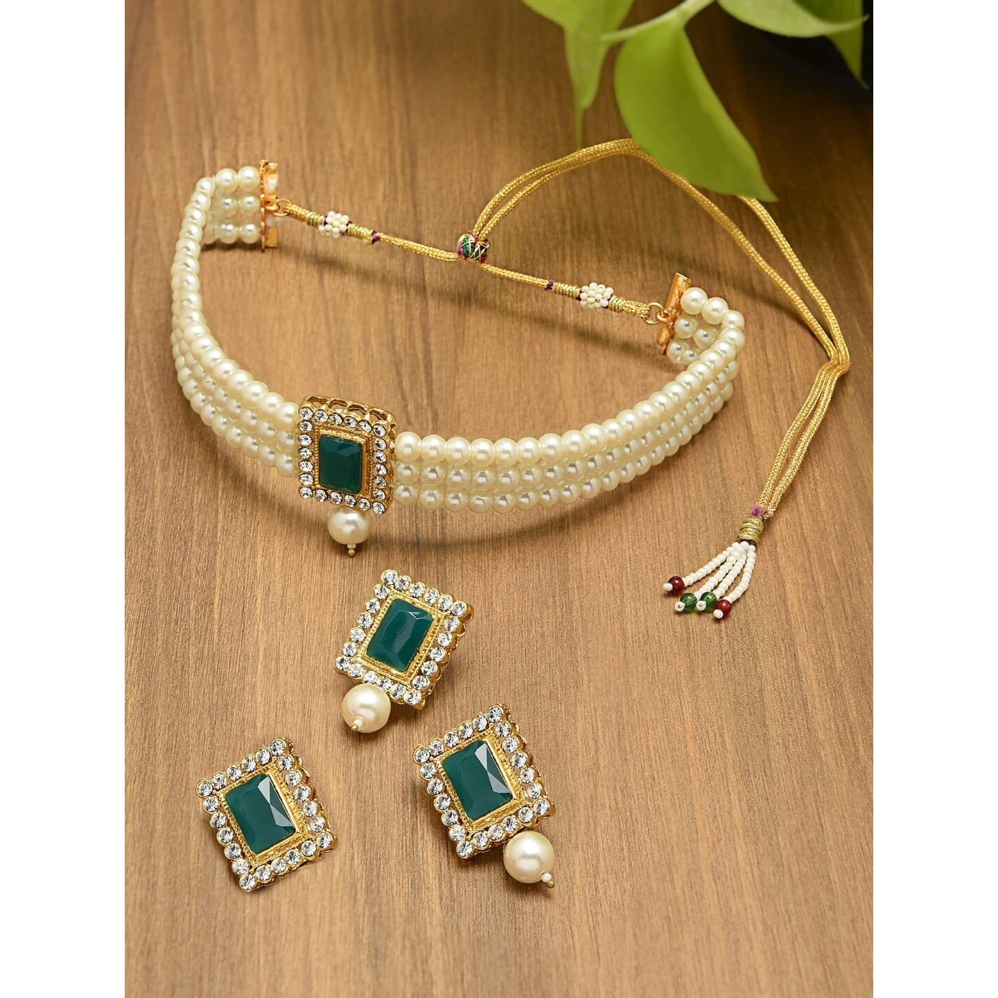 ZAVERI PEARLS Green Stones Multistrand Pearls Choker Necklace Earring & Ring Set For Women-ZPFK10845