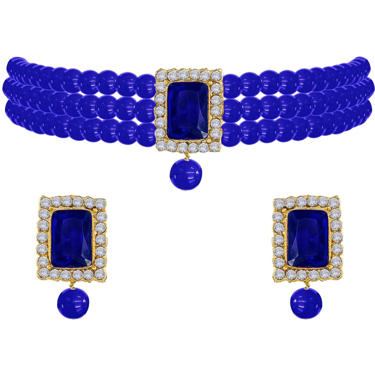 Peora Gold Plated Ethnic Choker Crystal Pearl Beaded Necklace & Earrings Set Jewellery for Girls & Women (Blue)