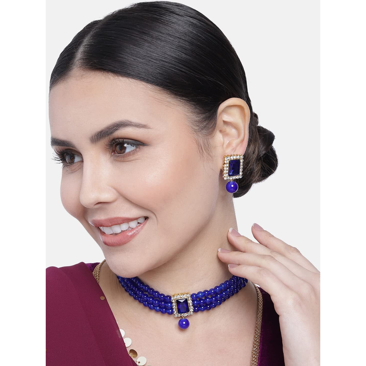 Peora Gold Plated Ethnic Choker Crystal Pearl Beaded Necklace & Earrings Set Jewellery for Girls & Women (Blue)