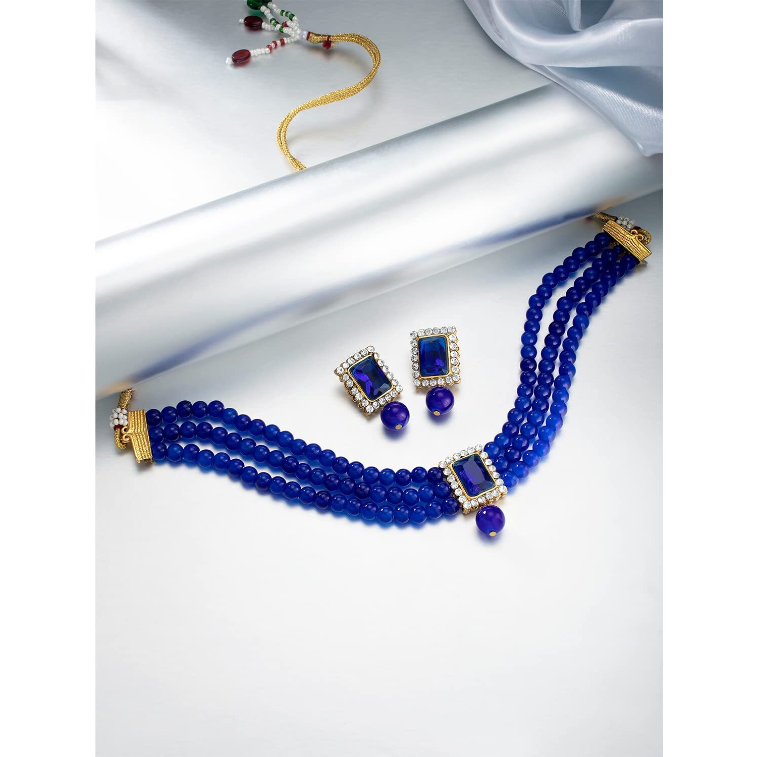 Peora Gold Plated Ethnic Choker Crystal Pearl Beaded Necklace & Earrings Set Jewellery for Girls & Women (Blue)