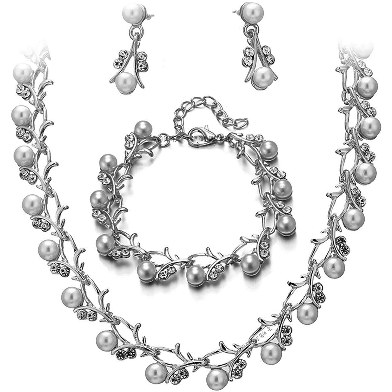 Young & Forever Gift Silver Fresh Water Pearl Earrings Bracelet Necklace Jewellery Set for Women